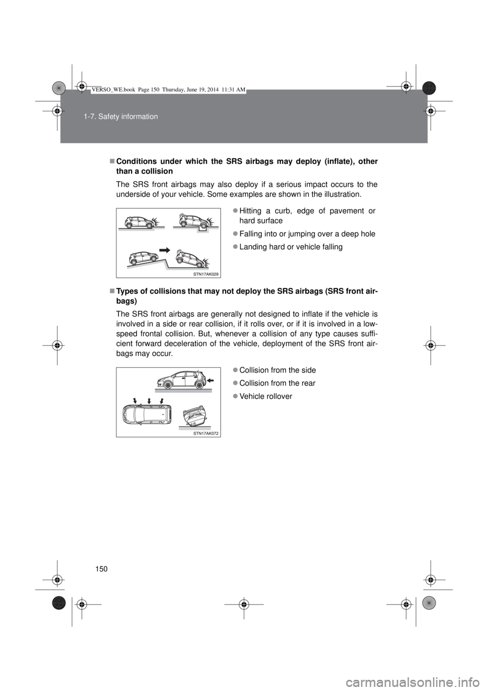 TOYOTA VERSO 2014  Owners Manual 150 1-7. Safety information
Conditions under which the SRS airbags may deploy (inflate), other
than a collision
The SRS front airbags may also deploy if a serious impact occurs to the
underside of 