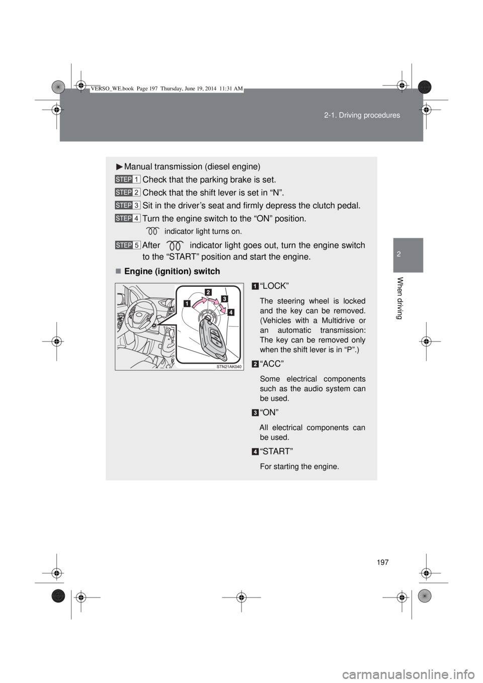 TOYOTA VERSO 2014  Owners Manual 197 2-1. Driving procedures
2
When driving
Manual transmission (diesel engine)
Check that the parking brake is set.
Check that the shift lever is set in “N”.
Sit in the driver’s seat and firmly 