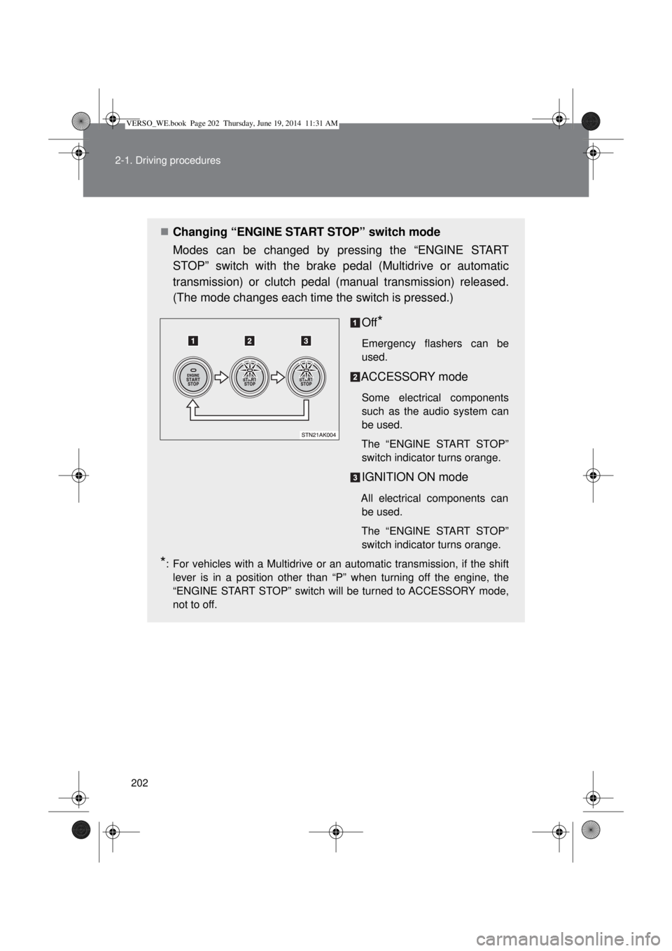 TOYOTA VERSO 2014  Owners Manual 202 2-1. Driving procedures
Changing “ENGINE START STOP” switch mode
Modes can be changed by pressing the “ENGINE START
STOP” switch with the brake pedal (Multidrive or automatic
transmissi
