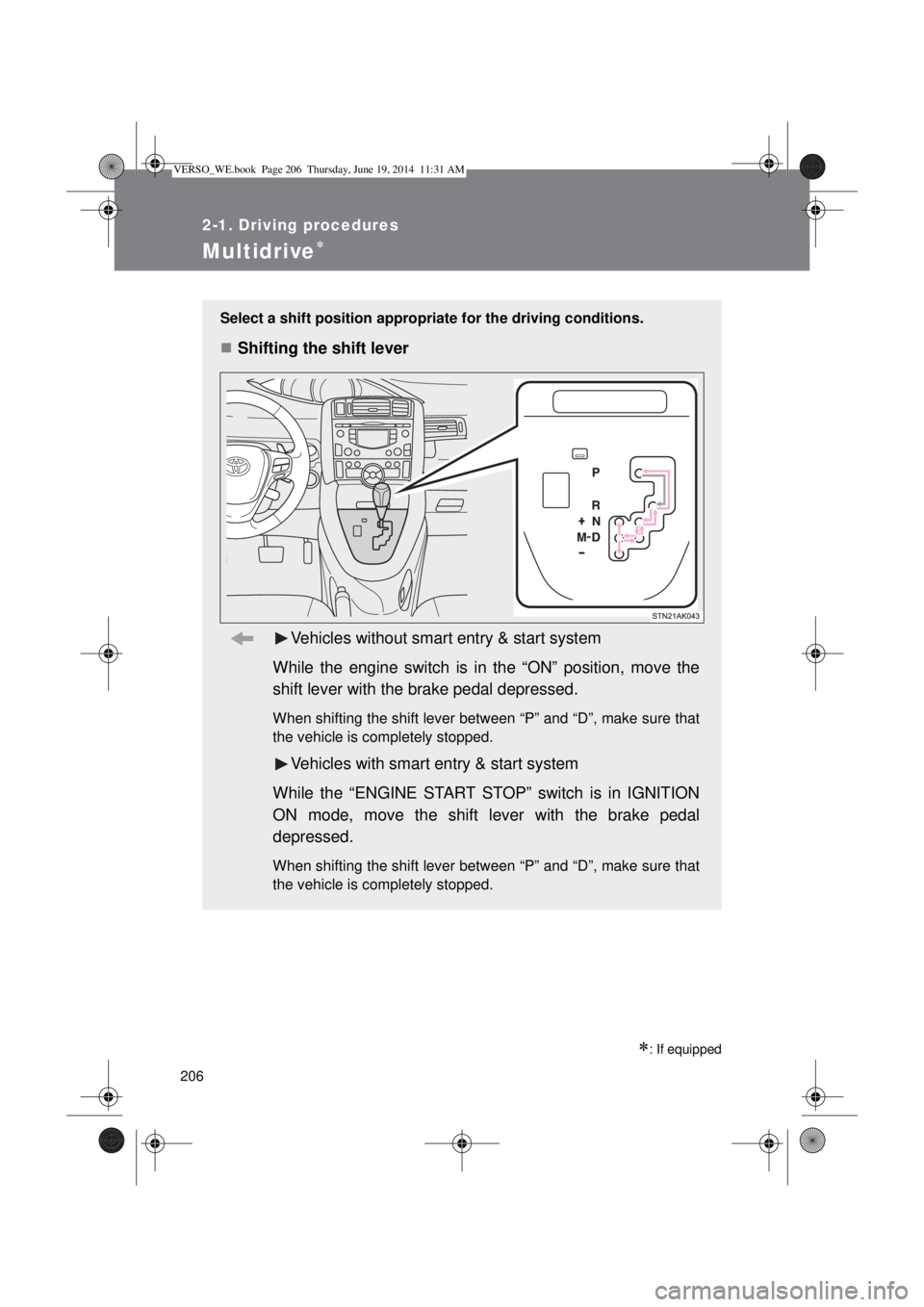 TOYOTA VERSO 2014  Owners Manual 206
2-1. Driving procedures
Multidrive
: If equipped
Select a shift position appropriate for the driving conditions.
Shifting the shift lever
Vehicles without smart entry & start system
While