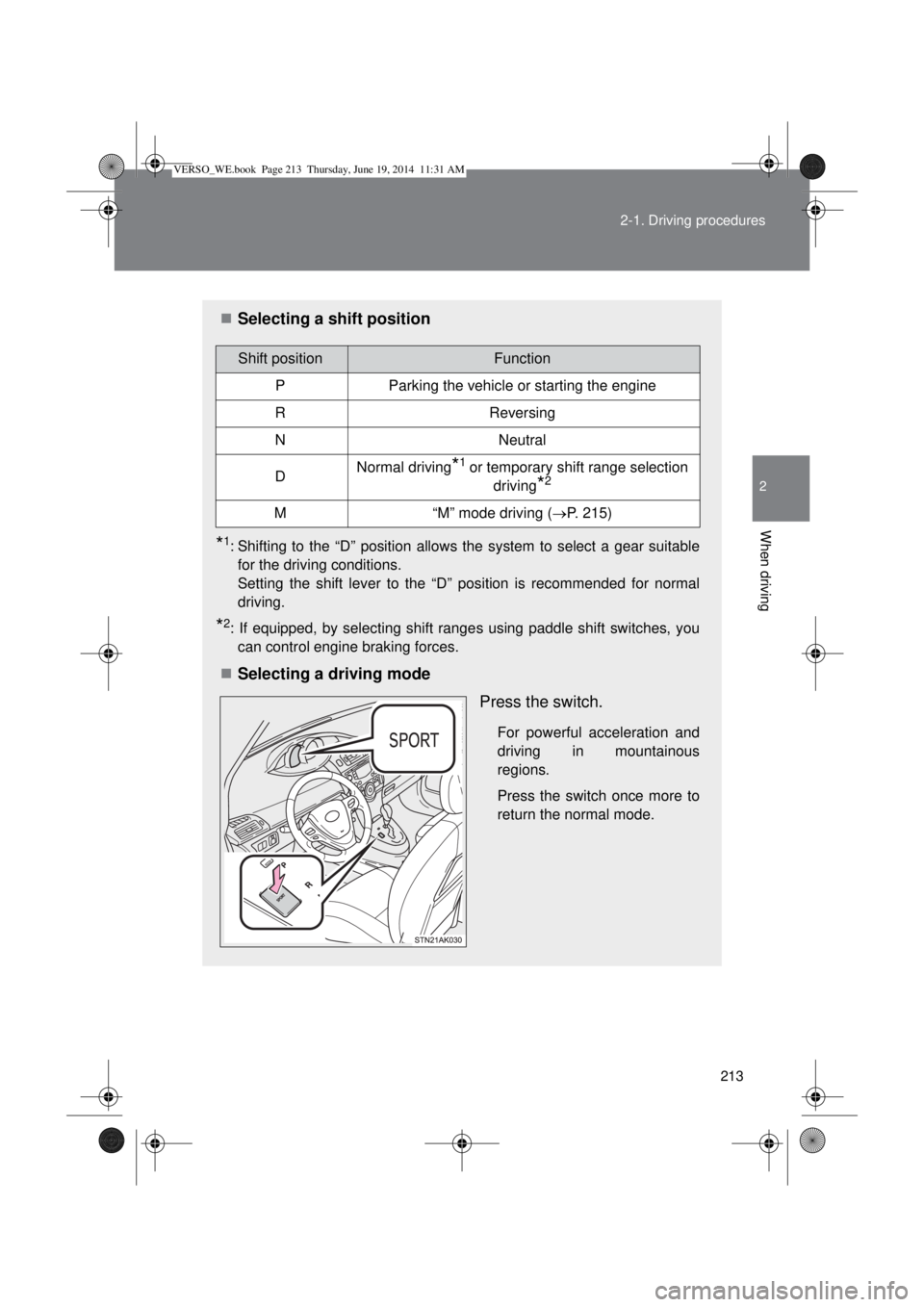 TOYOTA VERSO 2014  Owners Manual 213 2-1. Driving procedures
2
When driving
Selecting a shift position
*1: Shifting to the “D” position allows the system to select a gear suitable
for the driving conditions.
Setting the shift 