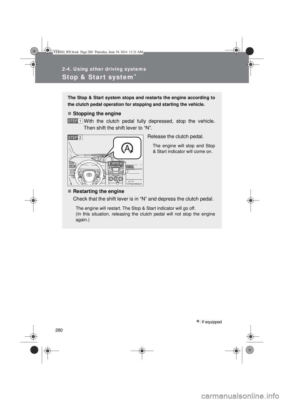 TOYOTA VERSO 2014  Owners Manual 280
2-4. Using other driving systems
Stop & Start system
: If equipped
The Stop & Start system stops and restarts the engine according to
the clutch pedal operation for stopping and starting the