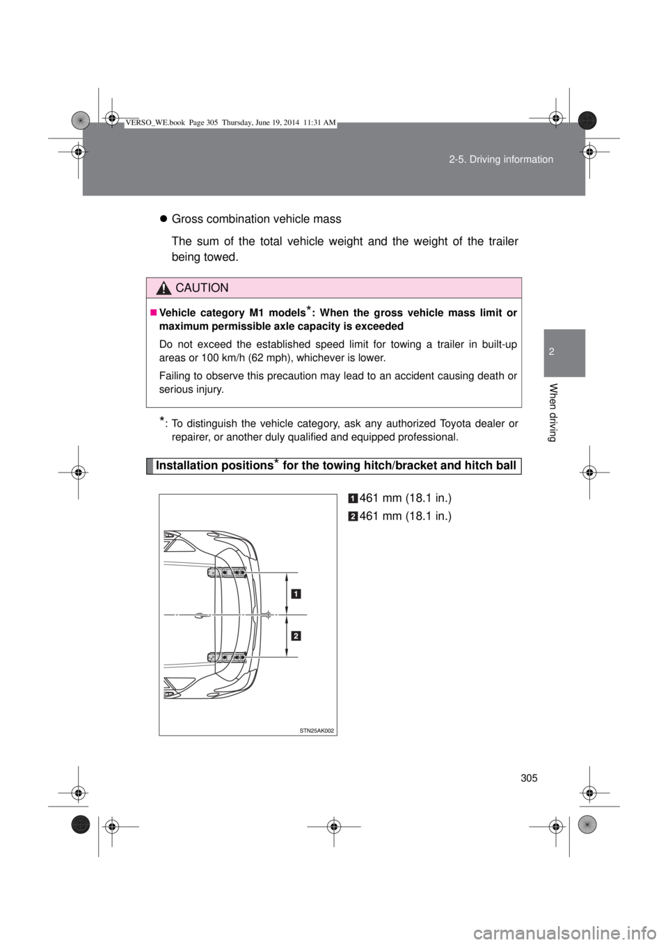 TOYOTA VERSO 2014  Owners Manual 305 2-5. Driving information
2
When driving
Gross combination vehicle mass
The sum of the total vehicle weight and the weight of the trailer
being towed.
*: To distinguish the vehicle category, ask