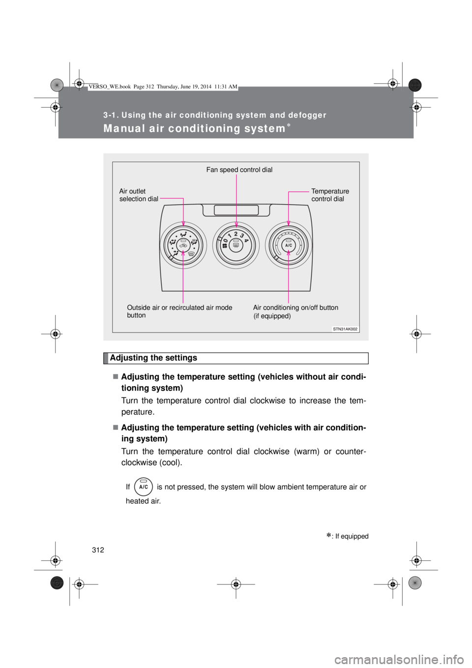 TOYOTA VERSO 2014  Owners Manual 312
3-1. Using the air conditioning system and defogger
Manual air conditioning system
Adjusting the settings
Adjusting the temperature setting (vehicles without air condi-
tioning system)
Turn 