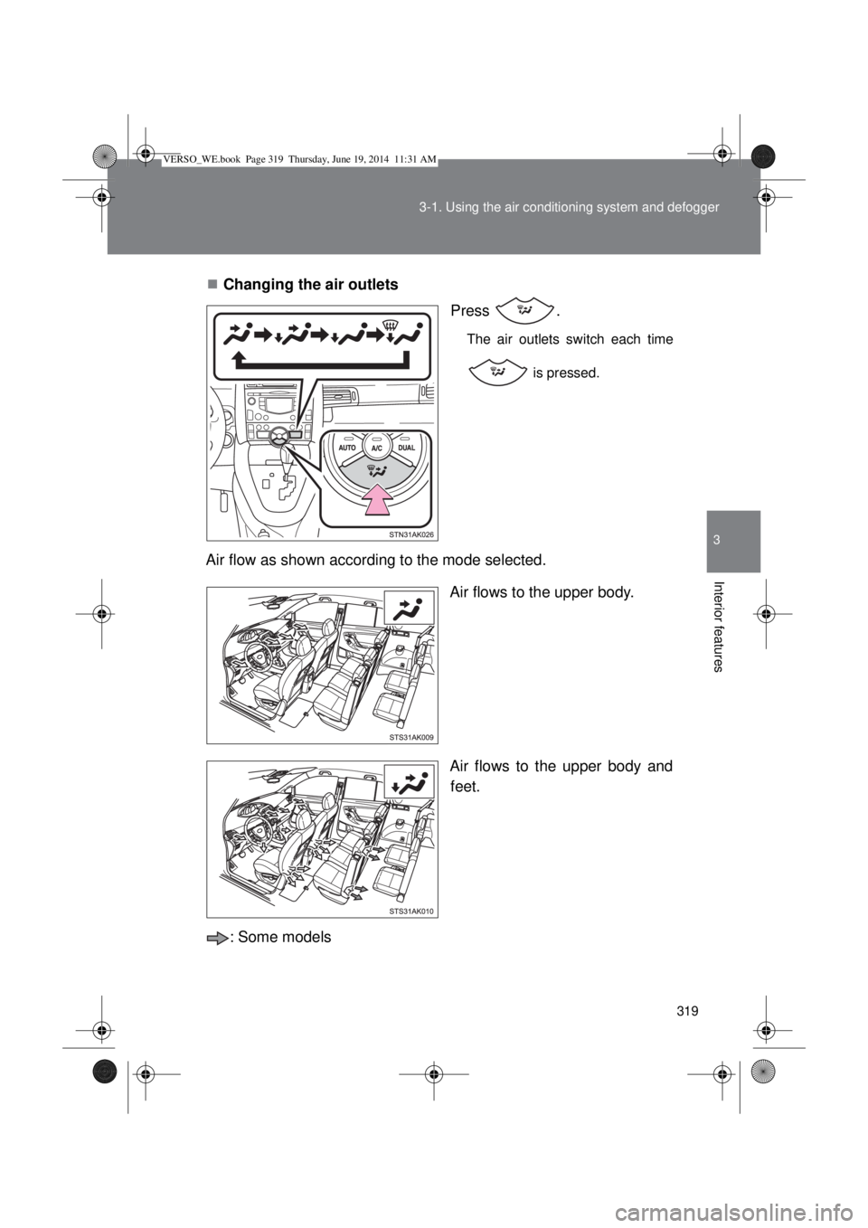TOYOTA VERSO 2014  Owners Manual 319 3-1. Using the air conditioning system and defogger
3
Interior features
Changing the air outlets
Press .
The air outlets switch each time
 is pressed. 
Air flow as shown according to the mode s
