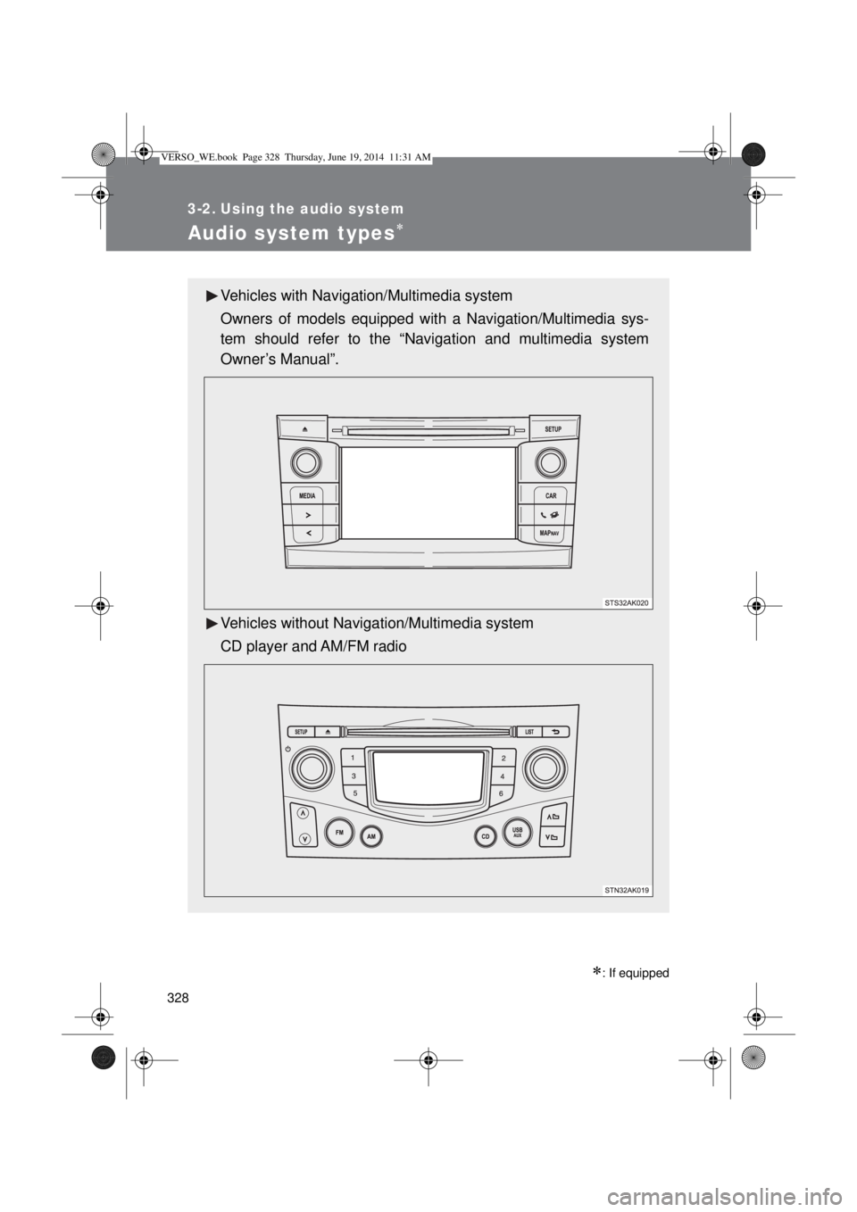 TOYOTA VERSO 2014  Owners Manual 328
3-2. Using the audio system
Audio system types
: If equipped
Vehicles with Navigation/Multimedia system
Owners of models equipped with a Navigation/Multimedia sys-
tem should refer to the 
