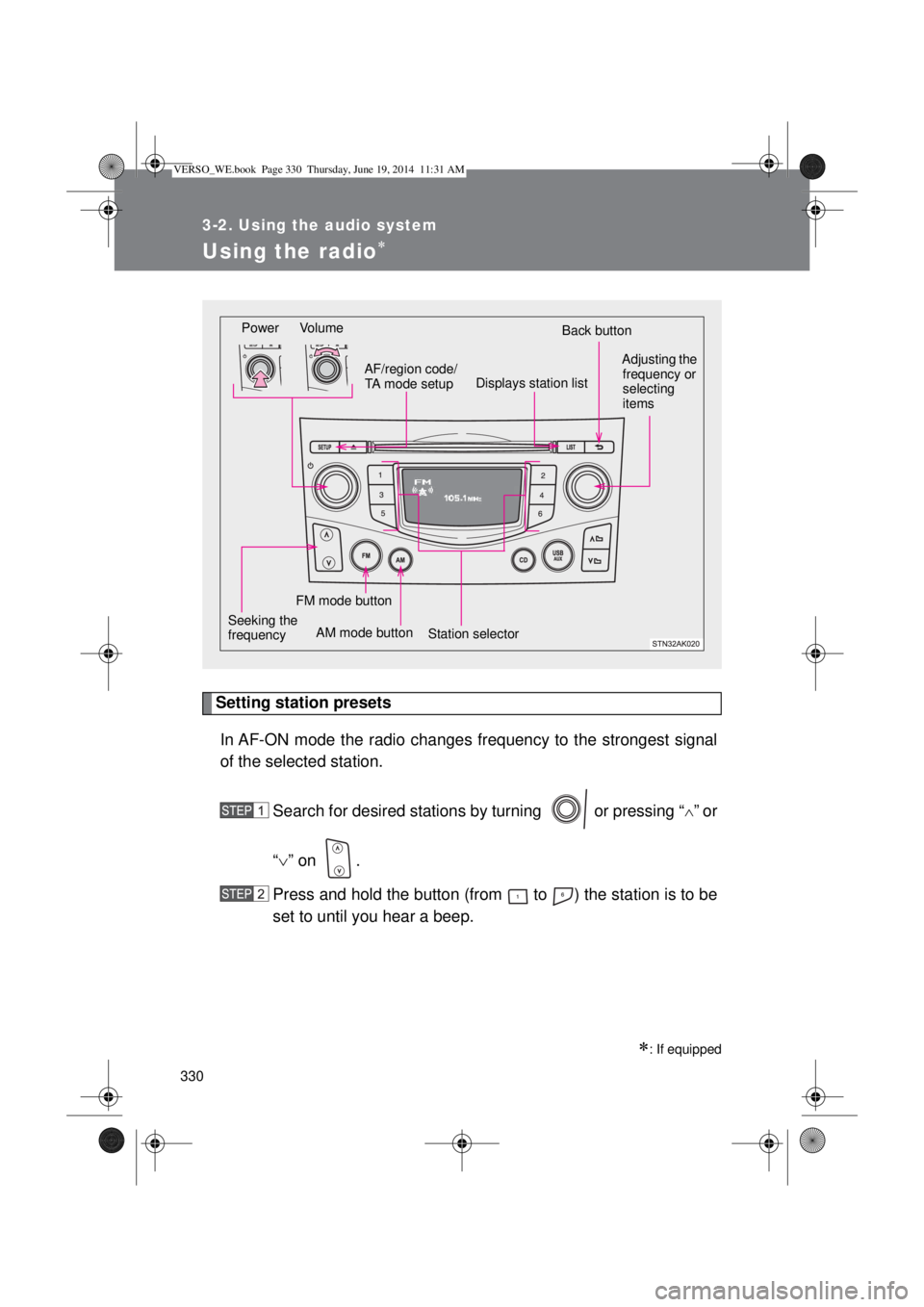 TOYOTA VERSO 2014  Owners Manual 330
3-2. Using the audio system
Using the radio
Setting station presets
In AF-ON mode the radio changes frequency to the strongest signal
of the selected station.
Search for desired stations by tur