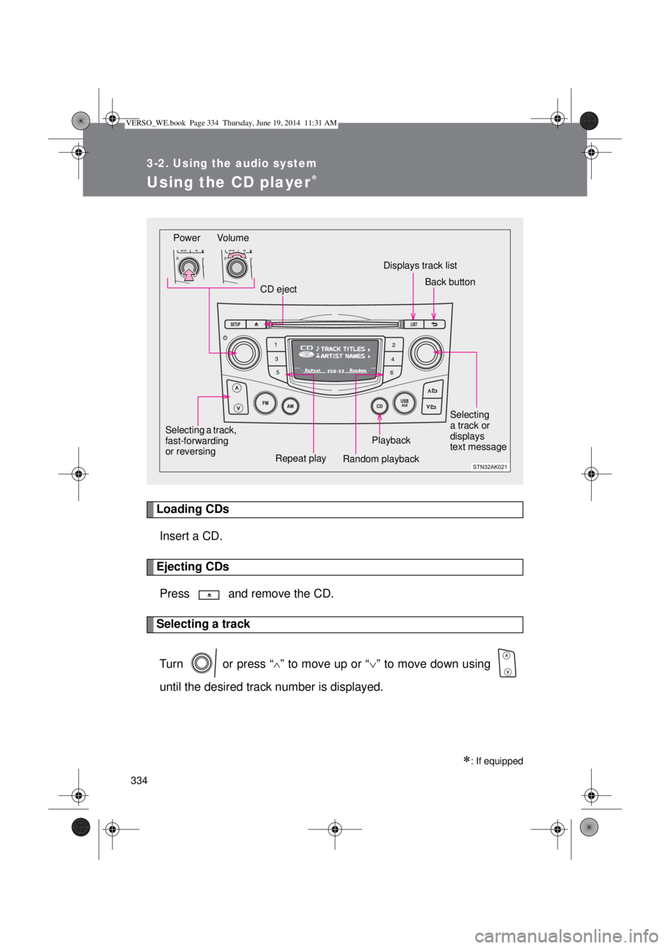 TOYOTA VERSO 2014  Owners Manual 334
3-2. Using the audio system
Using the CD player
Loading CDs
Insert a CD.
Ejecting CDs
Press   and remove the CD.
Selecting a track
Turn  or press “
” to move up or “” to move down