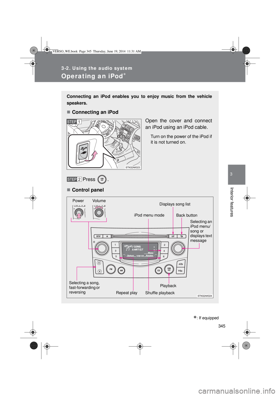 TOYOTA VERSO 2014  Owners Manual 345
3-2. Using the audio system
3
Interior features
Operating an iPod
: If equipped
Connecting an iPod enables you to enjoy music from the vehicle
speakers.
Connecting an iPod
Open the cover 