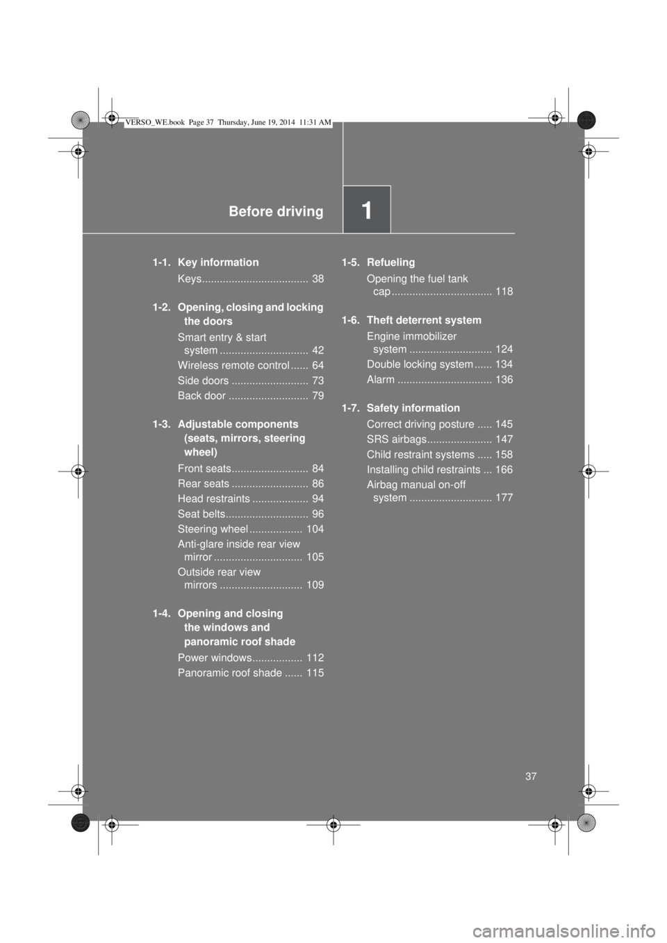 TOYOTA VERSO 2014 Owners Manual 1Before driving
37
1-1. Key information
Keys.................................... 38
1-2. Opening, closing and locking
the doors
Smart entry & start
system .............................. 42
Wireles TOYOTA VERSO 2014 Owners Manual 1Before driving
37
1-1. Key information
Keys.................................... 38
1-2. Opening, closing and locking
the doors
Smart entry & start
system .............................. 42
Wireles