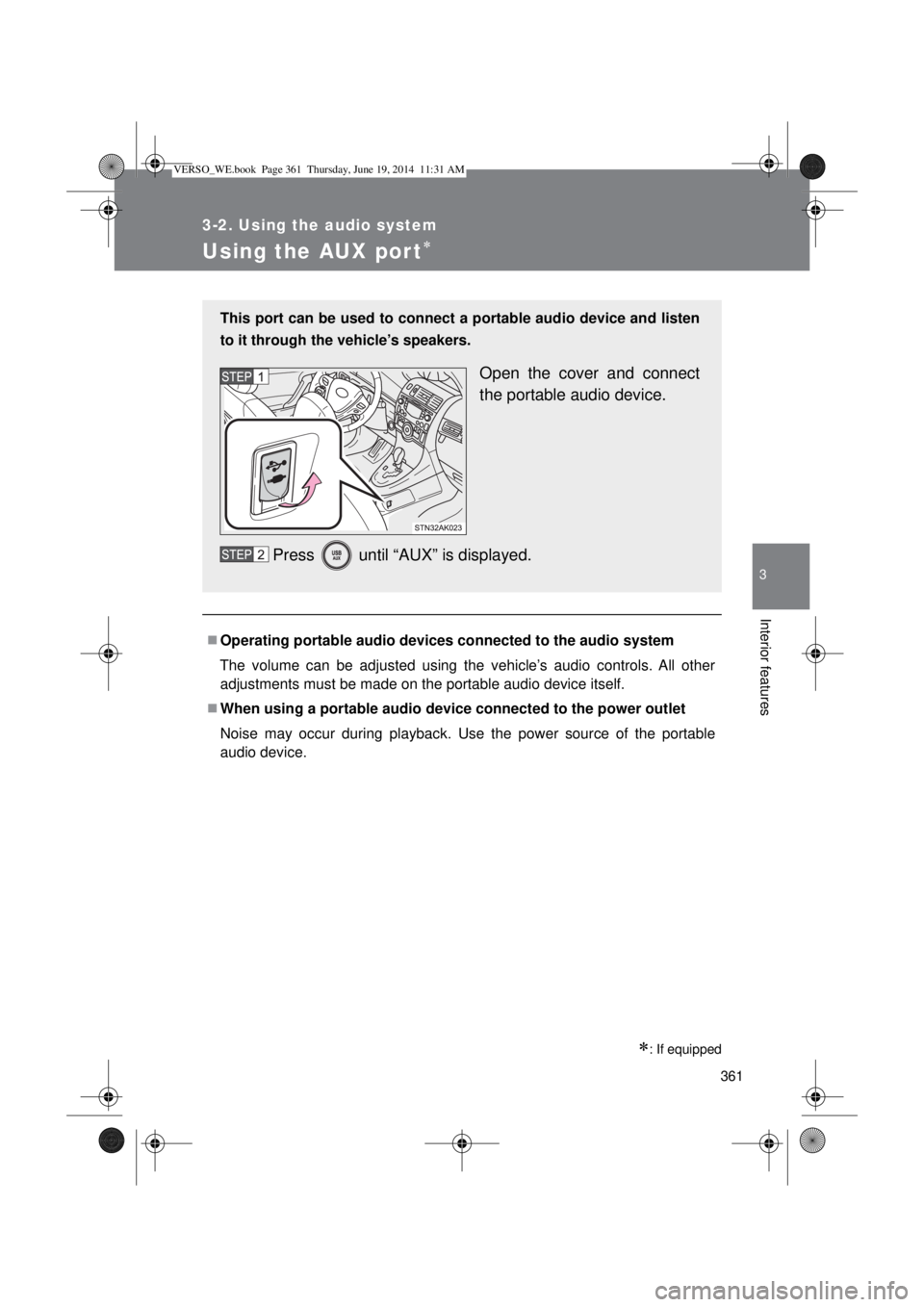 TOYOTA VERSO 2014  Owners Manual 361
3-2. Using the audio system
3
Interior features
Using the AUX port
: If equipped
Operating portable audio devices connected to the audio system
The volume can be adjusted using the vehicl