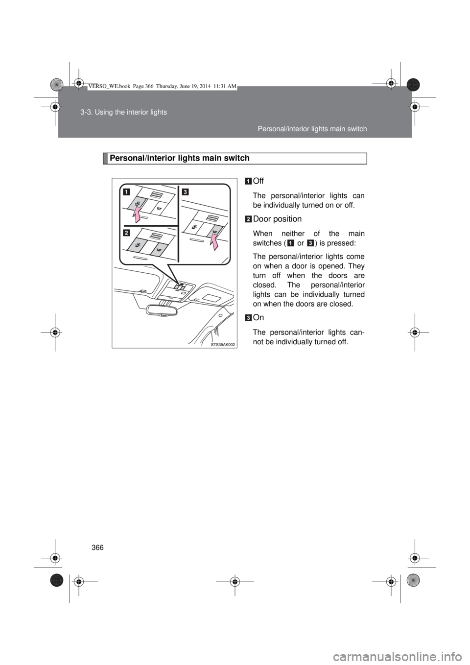 TOYOTA VERSO 2014  Owners Manual 366 3-3. Using the interior lights
Personal/interior lights main switch
Off
The personal/interior lights can
be individually turned on or off.
Door position
When neither of the main
switches (  or  ) 