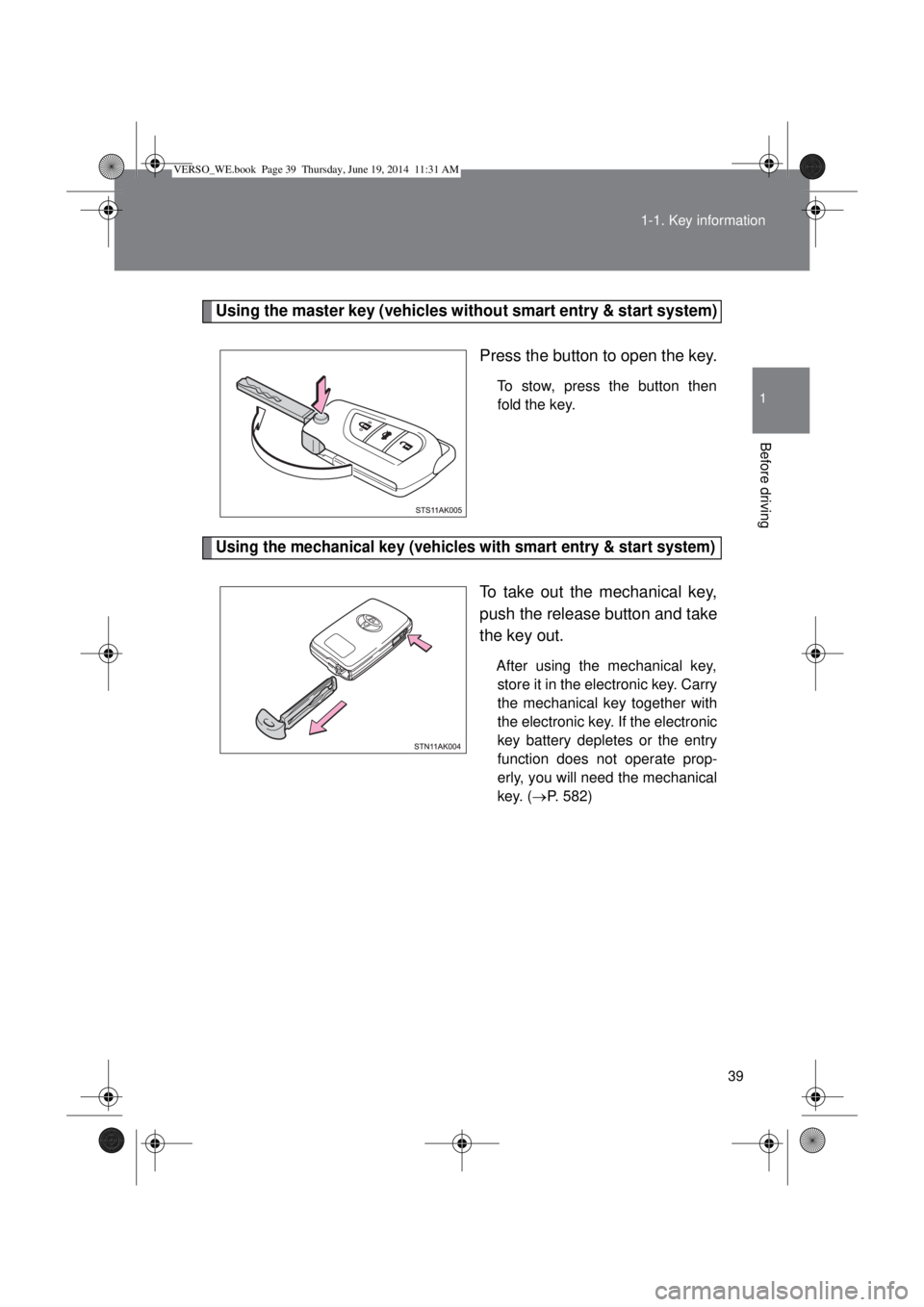 TOYOTA VERSO 2014  Owners Manual 39 1-1. Key information
1
Before driving
Using the master key (vehicles without smart entry & start system)
Press the button to open the key.
To stow, press the button then
fold the key.
Using the mec