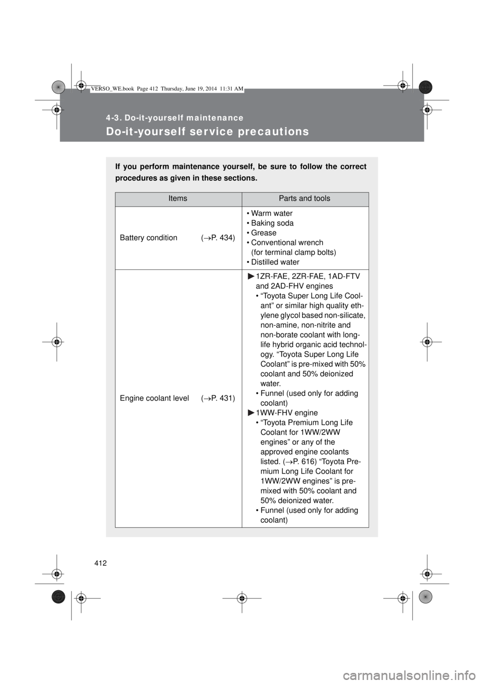 TOYOTA VERSO 2014 Owners Manual 412
4-3. Do-it-yourself maintenance
Do-it-yourself ser vice precautions
If you perform maintenance yourself, be sure to follow the correct
procedures as given in these sections.
ItemsParts and tools
B TOYOTA VERSO 2014 Owners Manual 412
4-3. Do-it-yourself maintenance
Do-it-yourself ser vice precautions
If you perform maintenance yourself, be sure to follow the correct
procedures as given in these sections.
ItemsParts and tools
B