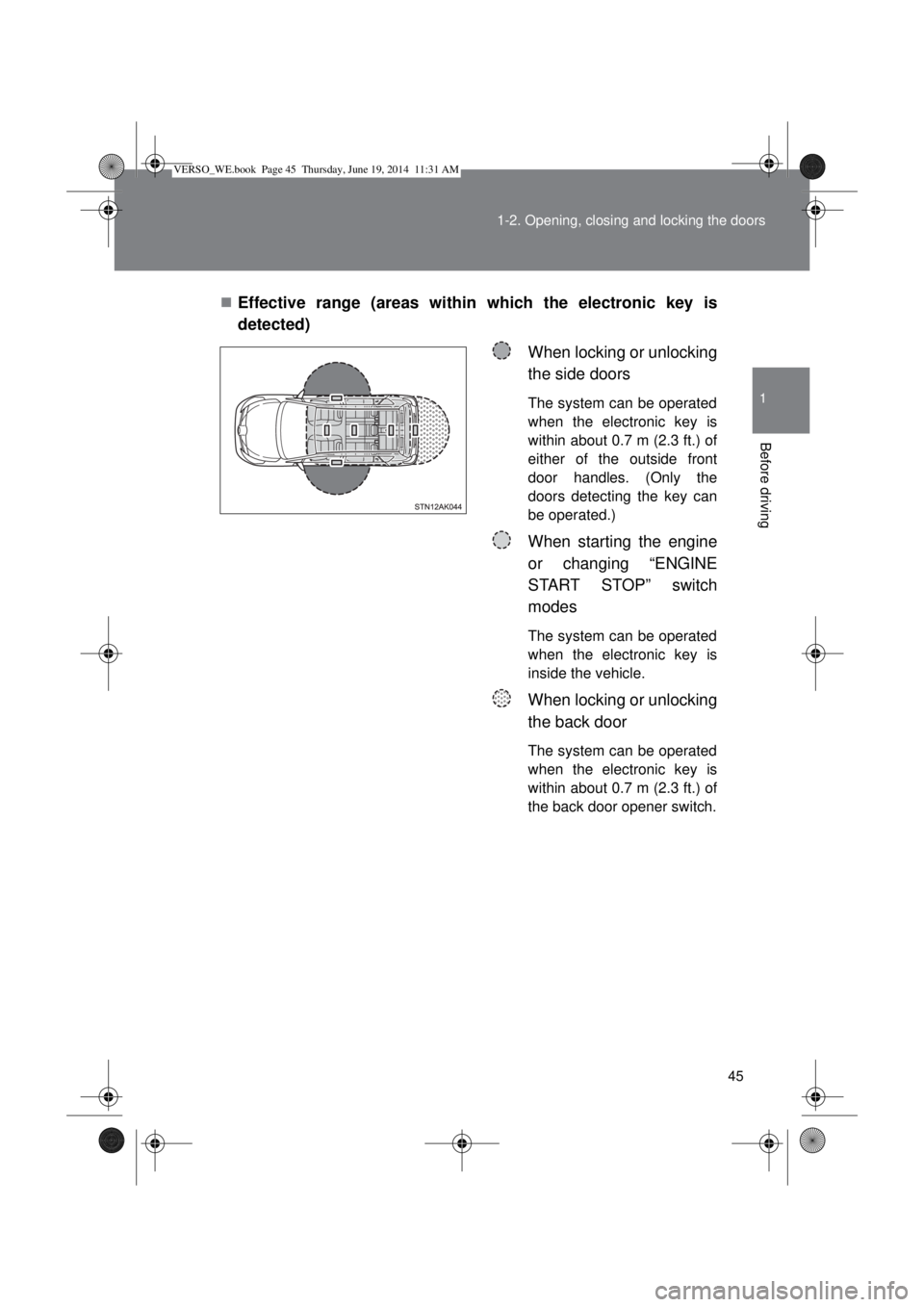 TOYOTA VERSO 2014  Owners Manual 45 1-2. Opening, closing and locking the doors
1
Before driving
Effective range (areas within which the electronic key is
detected)
When locking or unlocking
the side doors
The system can be operat