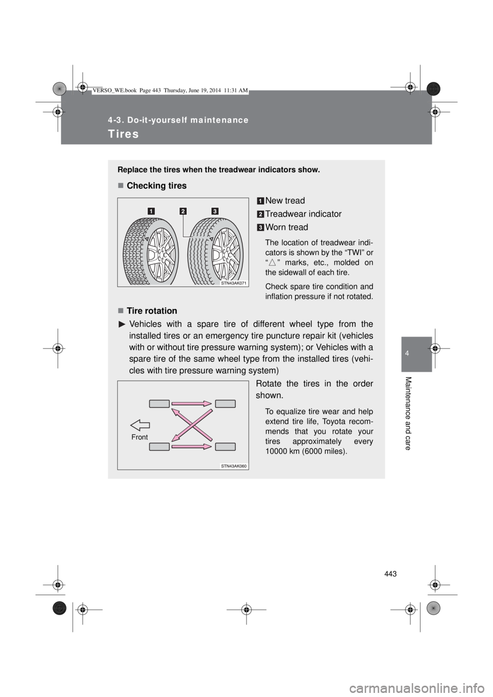TOYOTA VERSO 2014  Owners Manual 443
4-3. Do-it-yourself maintenance
4
Maintenance and care
Tires
Replace the tires when the treadwear indicators show.
Checking tires
New tread
Treadwear indicator
Worn tread
The location of treadw
