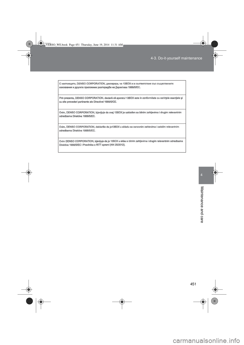 TOYOTA VERSO 2014  Owners Manual 451 4-3. Do-it-yourself maintenance
4
Maintenance and care
VERSO_WE.book  Page 451  Thursday, June 19, 2014  11:31 AM 