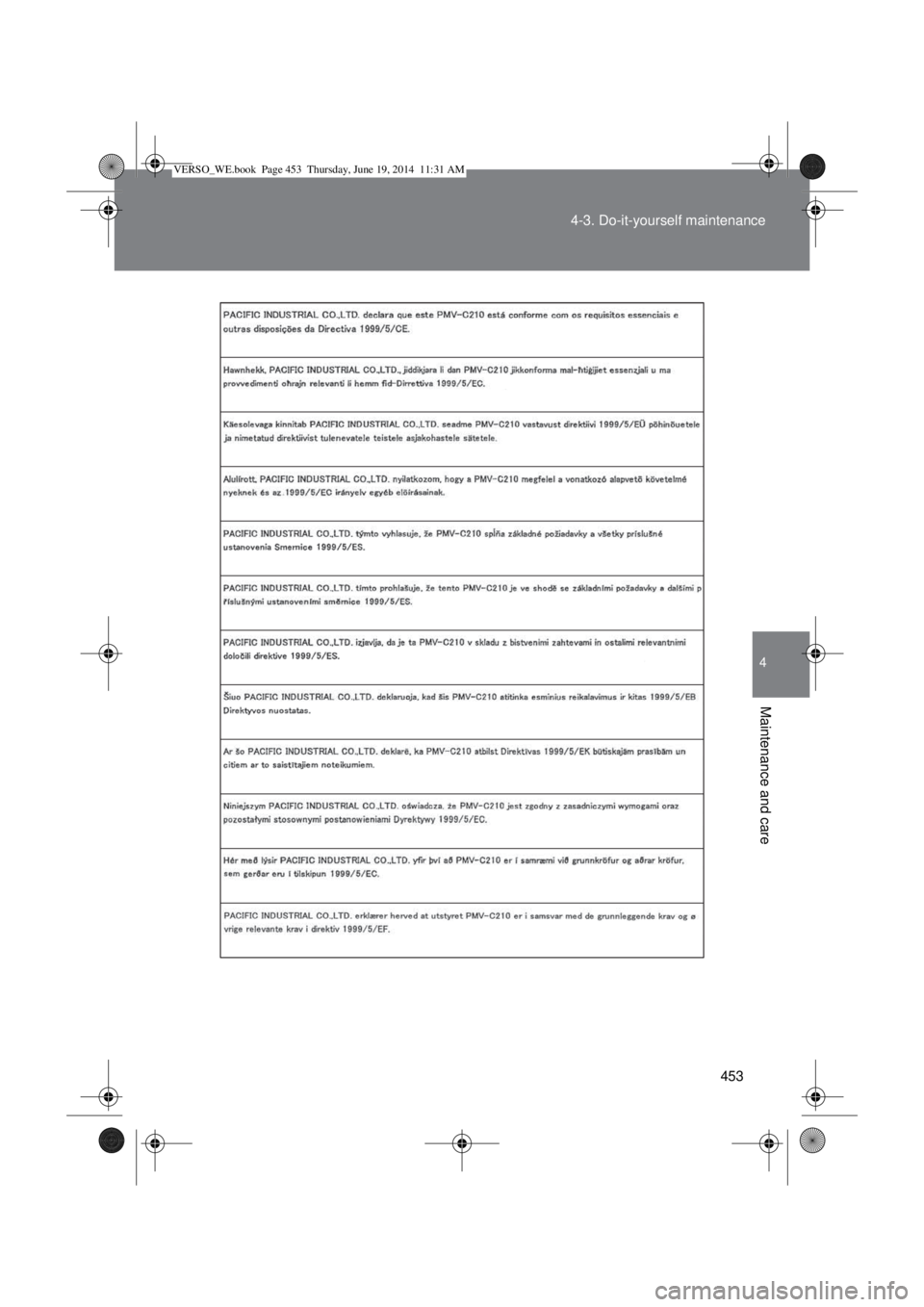 TOYOTA VERSO 2014  Owners Manual 453 4-3. Do-it-yourself maintenance
4
Maintenance and care
VERSO_WE.book  Page 453  Thursday, June 19, 2014  11:31 AM 