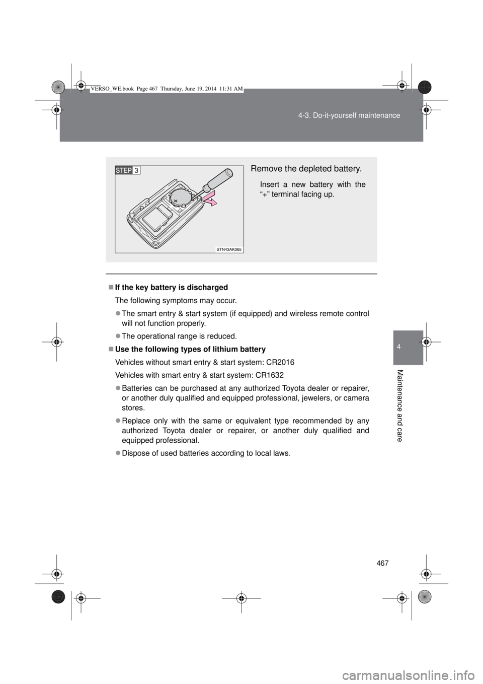TOYOTA VERSO 2014  Owners Manual 467 4-3. Do-it-yourself maintenance
4
Maintenance and care
If the key battery is discharged
The following symptoms may occur.
The smart entry & start system (if equipped) and wireless remote con
