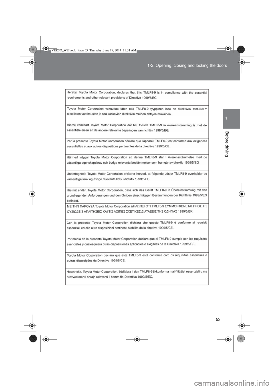 TOYOTA VERSO 2014  Owners Manual 53 1-2. Opening, closing and locking the doors
1
Before driving
VERSO_WE.book  Page 53  Thursday, June 19, 2014  11:31 AM 