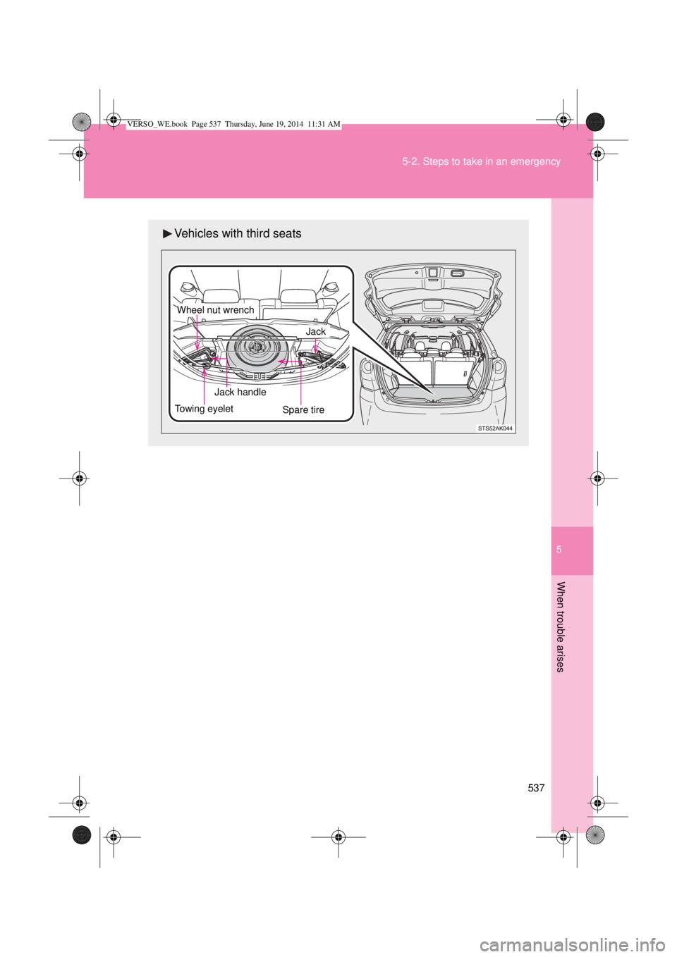 TOYOTA VERSO 2014  Owners Manual 5
537 5-2. Steps to take in an emergency
When trouble arises
Vehicles with third seats
Spare tire
 Jack handle
Jack
 Wheel nut wrench
Towing eyelet
VERSO_WE.book  Page 537  Thursday, June 19, 2014  11