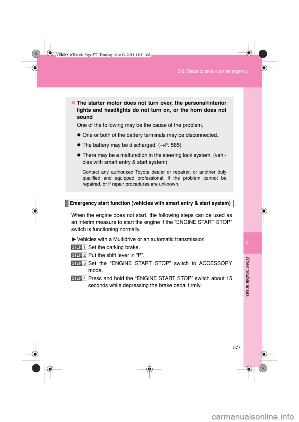 TOYOTA VERSO 2014 Owners Manual 5
577 5-2. Steps to take in an emergency
When trouble arises
Emergency start function (vehicles with smart entry & start system)
When the engine does not start, the following steps can be used as
an i TOYOTA VERSO 2014 Owners Manual 5
577 5-2. Steps to take in an emergency
When trouble arises
Emergency start function (vehicles with smart entry & start system)
When the engine does not start, the following steps can be used as
an i