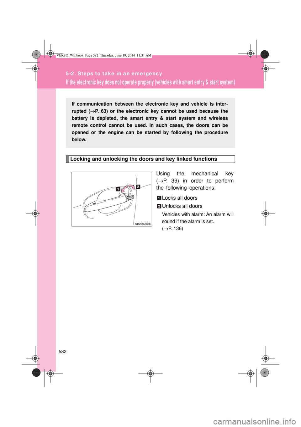 TOYOTA VERSO 2014  Owners Manual 582
5-2. Steps to take in an emergency
If the electronic key does not operate properly (vehicles with smar t entr y & star t system)
Locking and unlocking the doors and key linked functions
Using the 