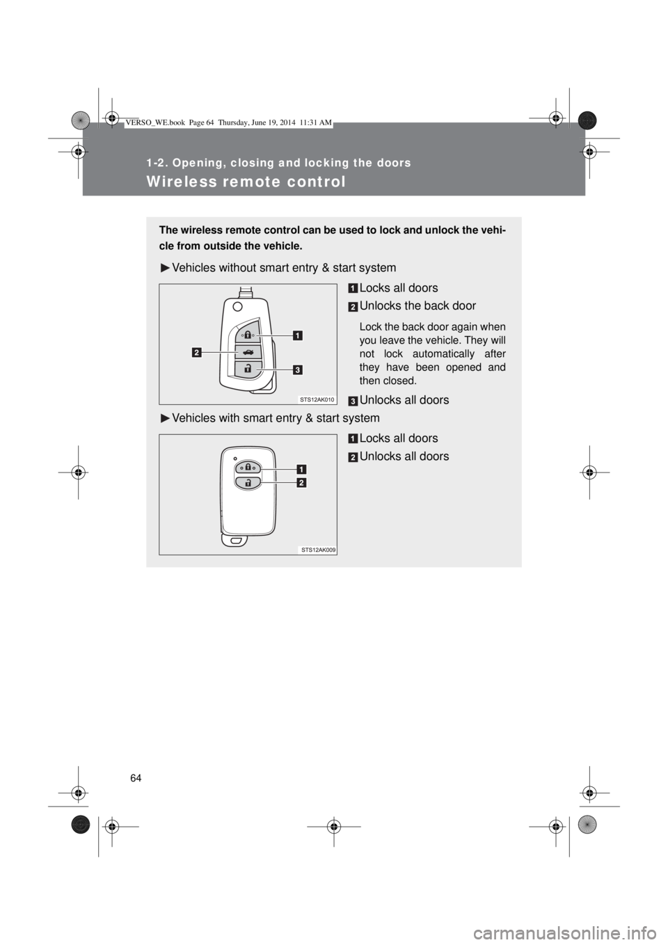 TOYOTA VERSO 2014  Owners Manual 64
1-2. Opening, closing and locking the doors
Wireless remote control
The wireless remote control can be used to lock and unlock the vehi-
cle from outside the vehicle.
Vehicles without smart entry &
