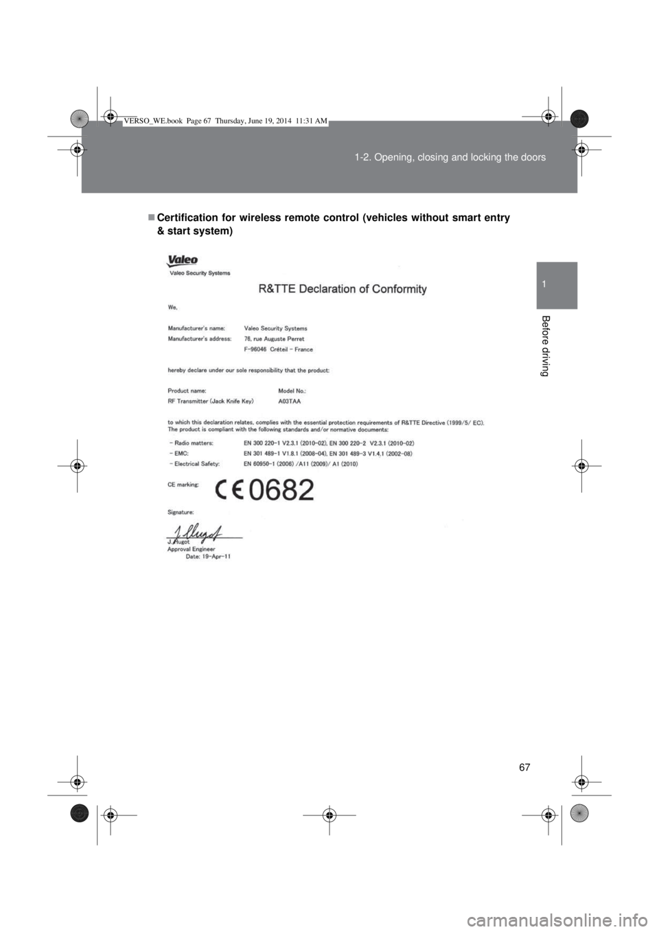 TOYOTA VERSO 2014  Owners Manual 67 1-2. Opening, closing and locking the doors
1
Before driving
Certification for wireless remote control (vehicles without smart entry
& start system)
VERSO_WE.book  Page 67  Thursday, June 19, 20