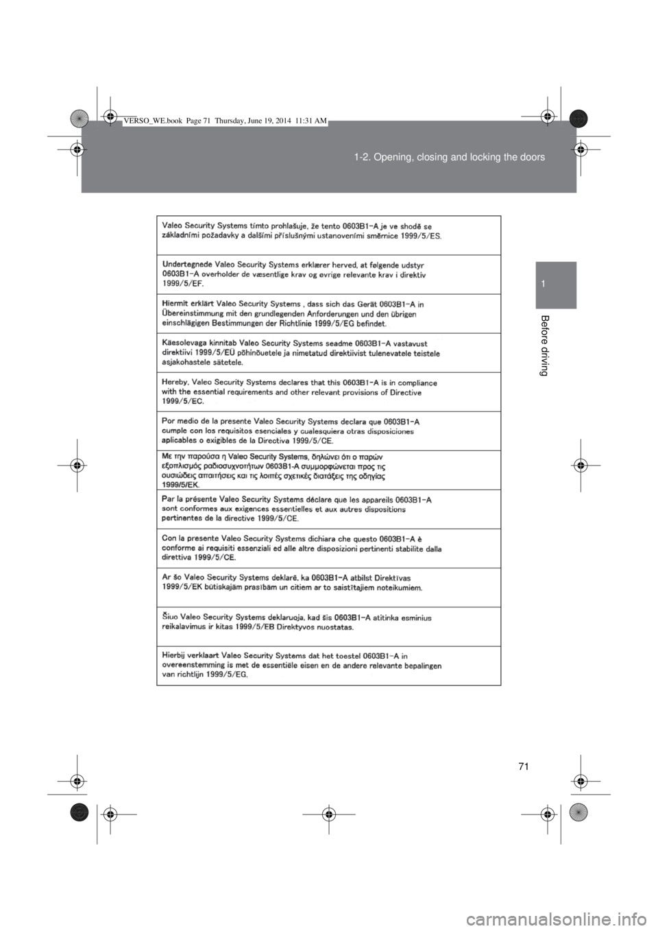 TOYOTA VERSO 2014  Owners Manual 71 1-2. Opening, closing and locking the doors
1
Before driving
VERSO_WE.book  Page 71  Thursday, June 19, 2014  11:31 AM 