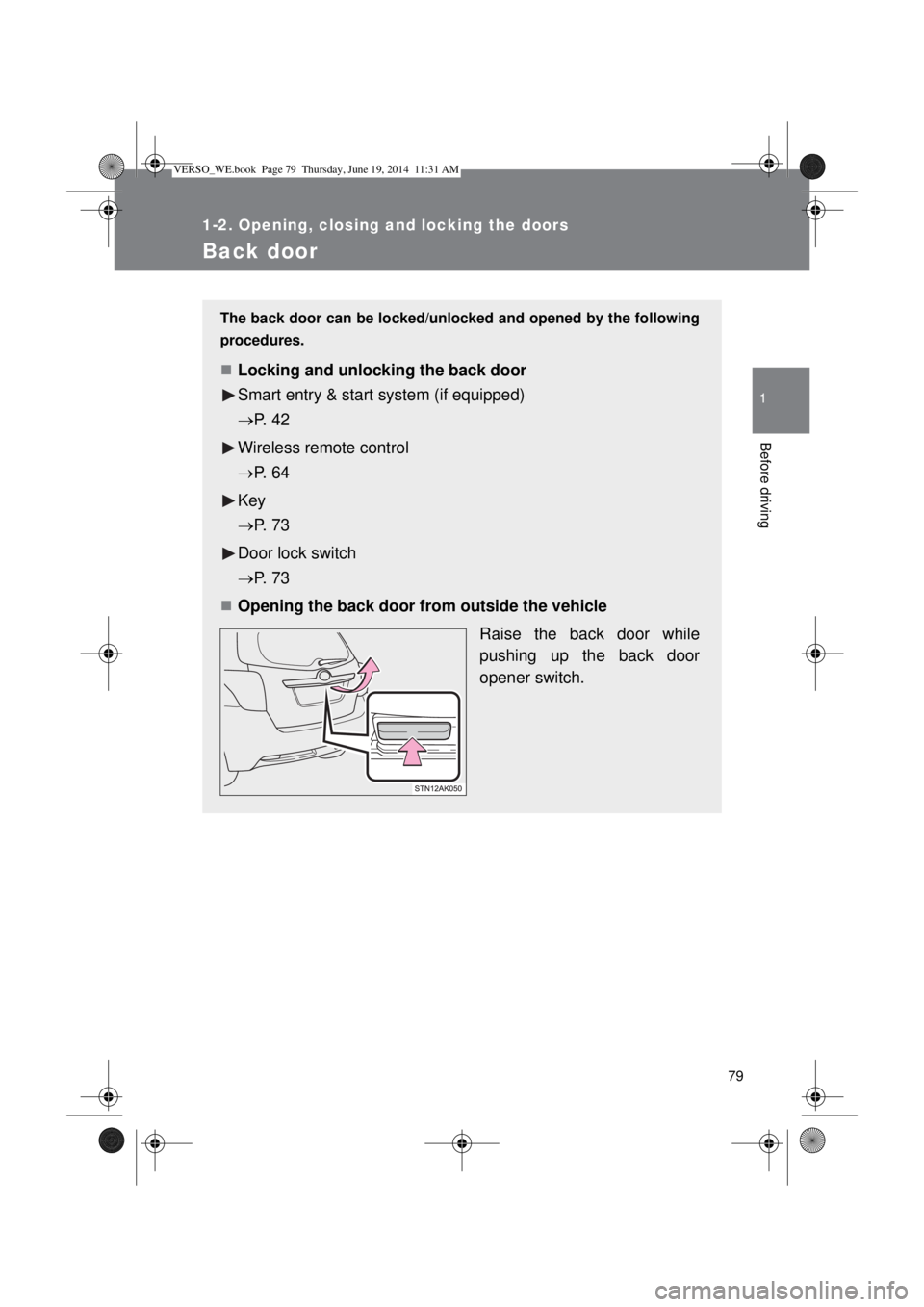 TOYOTA VERSO 2014  Owners Manual 79
1
1-2. Opening, closing and locking the doors
Before driving
Back door
The back door can be locked/unlocked and opened by the following
procedures.
Locking and unlocking the back door
Smart entr
