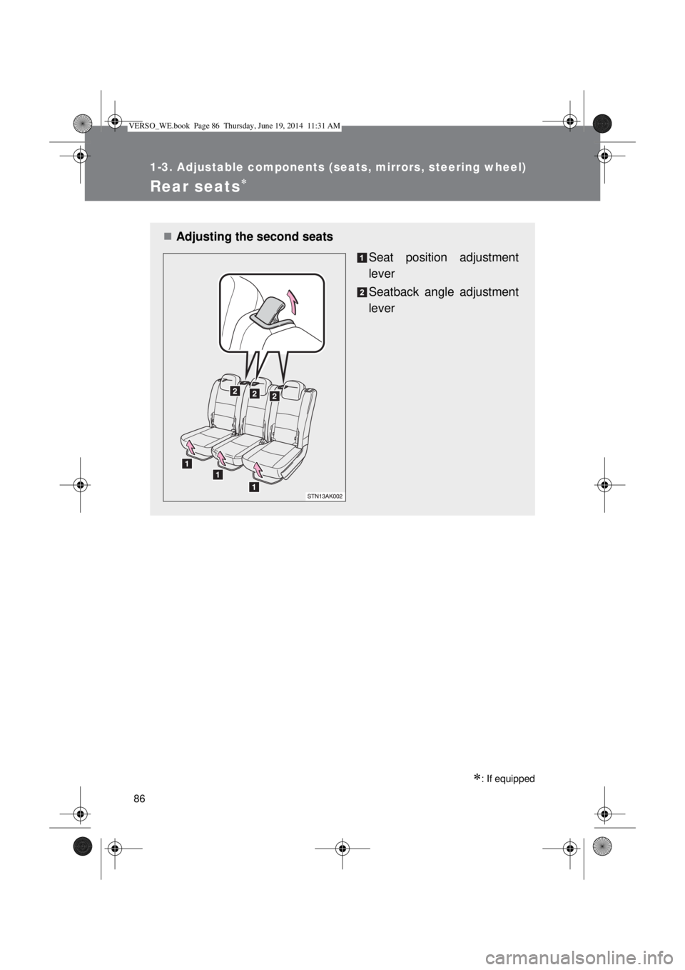 TOYOTA VERSO 2014  Owners Manual 86
1-3. Adjustable components (seats, mirrors, steering wheel)
Rear seats
: If equipped
Adjusting the second seats
Seat position adjustment
lever
Seatback angle adjustment
lever
VERSO_WE.book