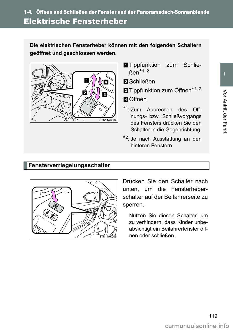 TOYOTA VERSO 2014  Betriebsanleitungen (in German) 119
1
Vor Antritt der Fahrt
1-4. Öffnen und Schließen der Fenster und der Panoramadach-Sonnenblende
Elektrische Fensterheber
Fensterverriegelungsschalter
Drücken Sie den Schalter nach
unten, um die