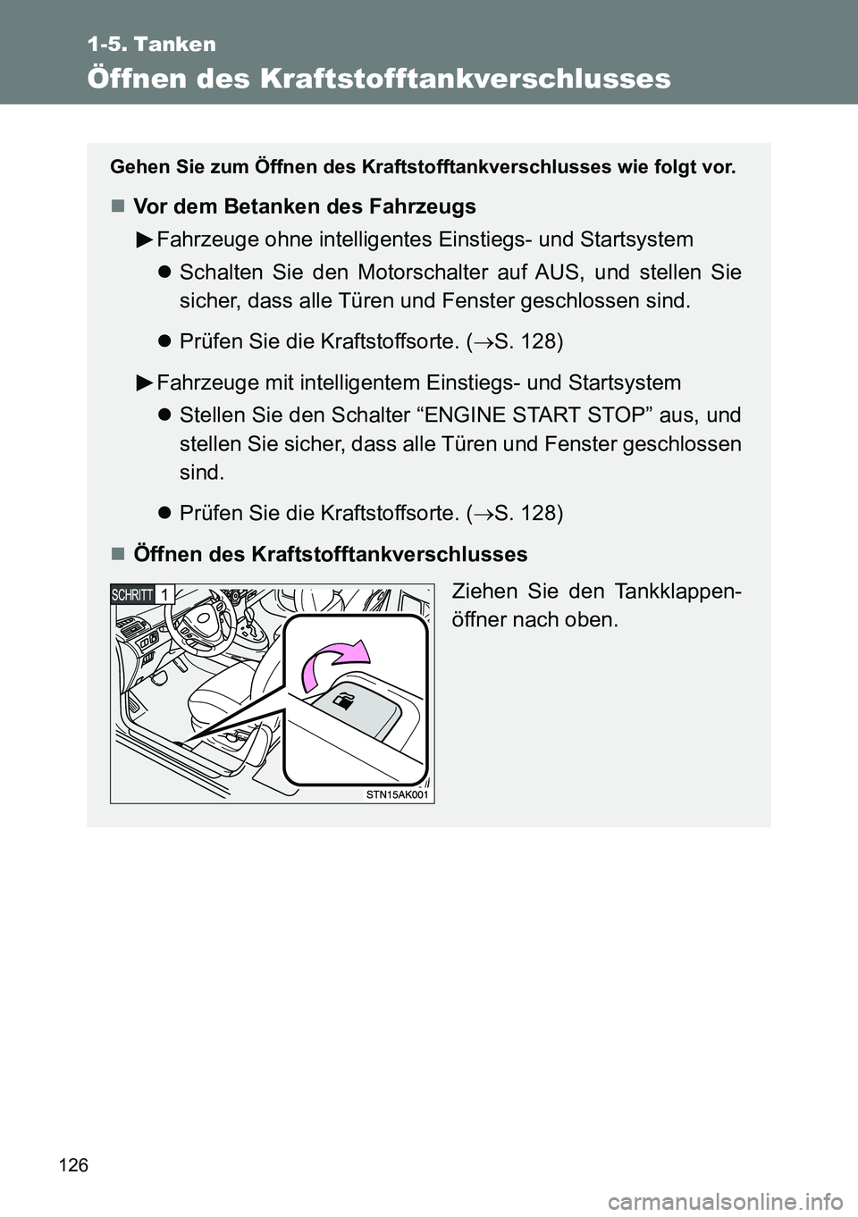 TOYOTA VERSO 2014  Betriebsanleitungen (in German) 126
1-5. Tanken
Öffnen des Kraftstofftankverschlusses
Gehen Sie zum Öffnen des Kraftstofftankverschlusses wie folgt vor.
Vor dem Betanken des Fahrzeugs
Fahrzeuge ohne intelligentes Einstiegs- und
