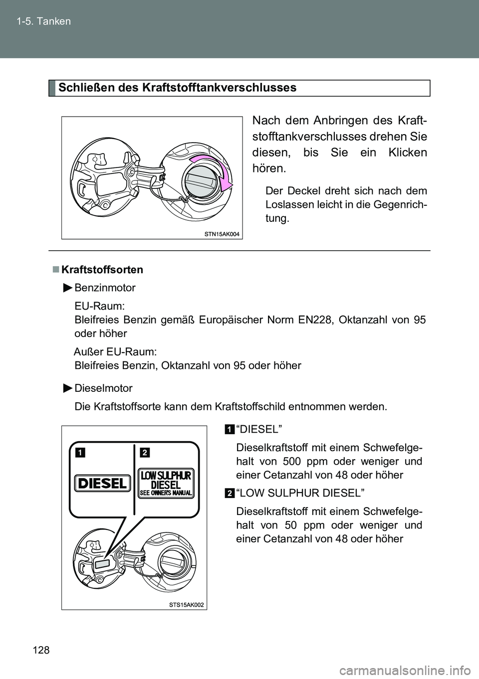 TOYOTA VERSO 2014  Betriebsanleitungen (in German) 128 1-5. Tanken
Schließen des Kraftstofftankverschlusses
Nach dem Anbringen des Kraft-
stofftankverschlusses drehen Sie
diesen, bis Sie ein Klicken
hören.
Der Deckel dreht sich nach dem
Loslassen le