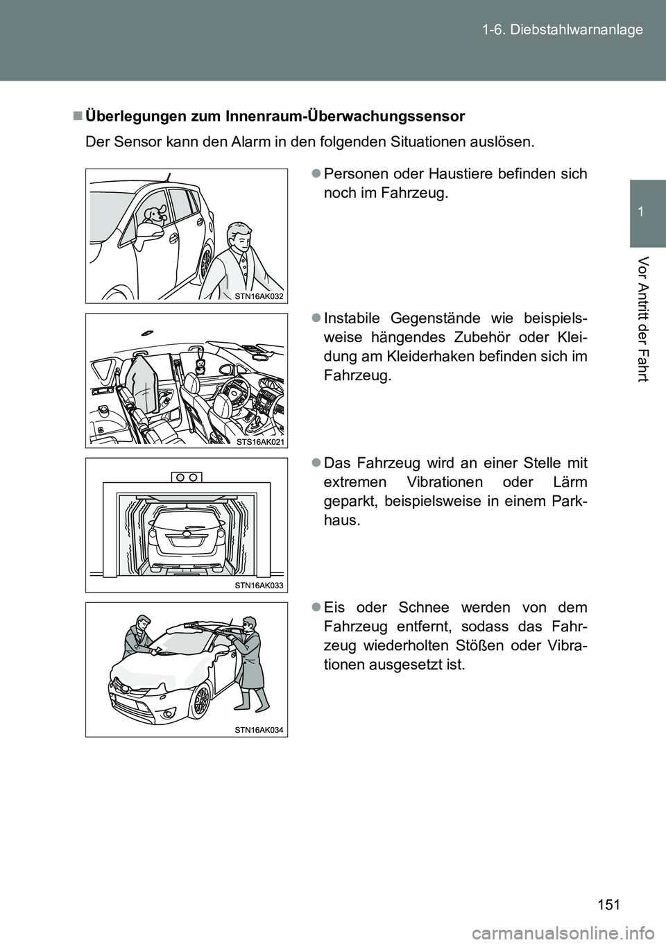 TOYOTA VERSO 2014  Betriebsanleitungen (in German) 151 1-6. Diebstahlwarnanlage
1
Vor Antritt der Fahrt
Überlegungen zum Innenraum-Überwachungssensor
Der Sensor kann den Alarm in den folgenden Situationen auslösen.
Personen oder Haustiere bef