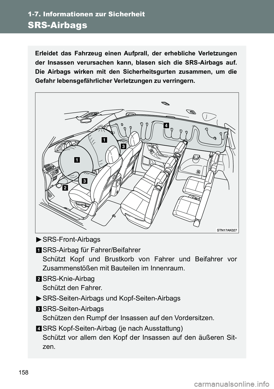 TOYOTA VERSO 2014  Betriebsanleitungen (in German) 158
1-7. Informationen zur Sicherheit
SRS-Airbags
Erleidet das Fahrzeug einen Aufprall, der erhebliche Verletzungen
der Insassen verursachen kann, blasen sich die SRS-Airbags auf.
Die Airbags wirken m