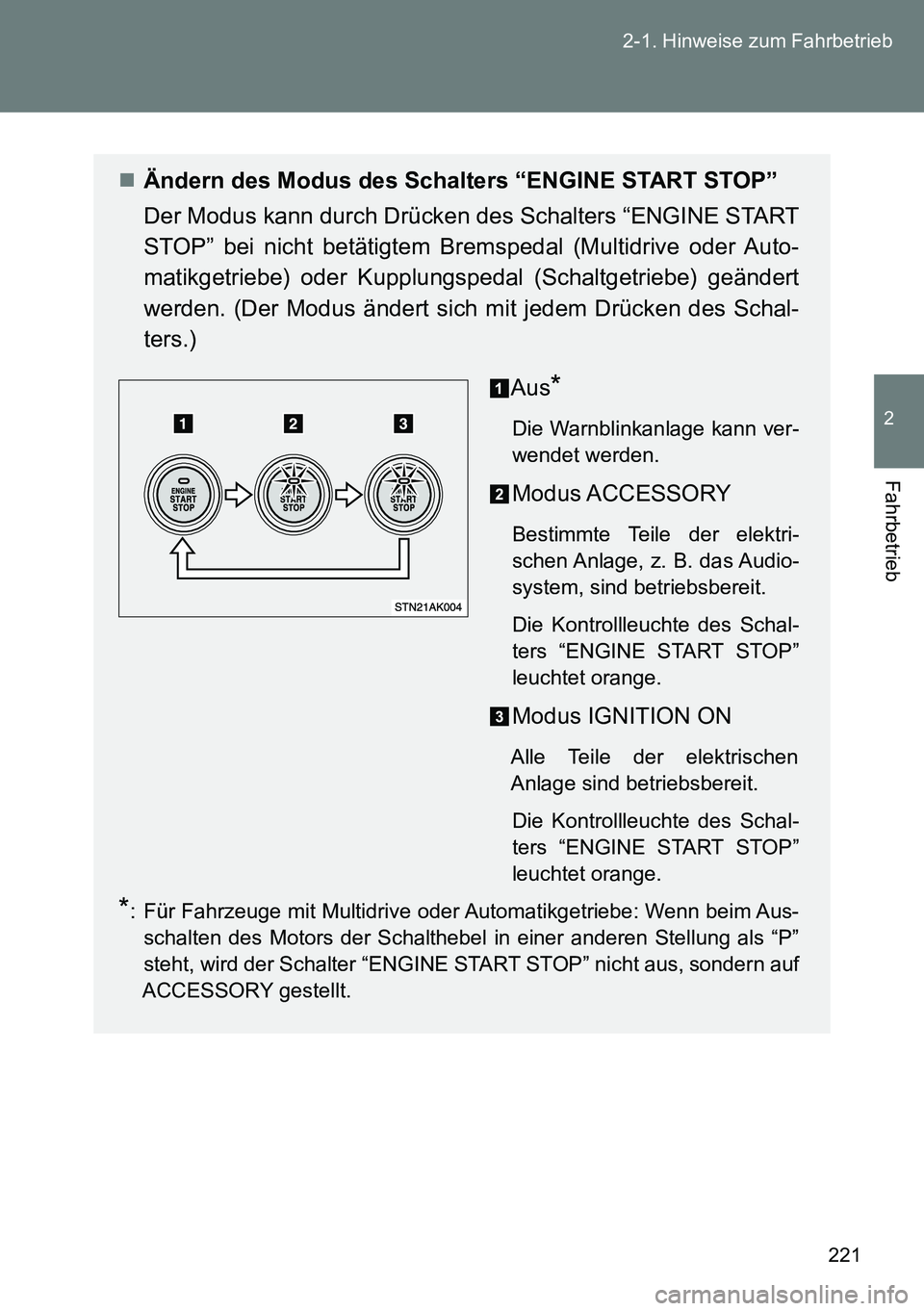 TOYOTA VERSO 2014  Betriebsanleitungen (in German) 221 2-1. Hinweise zum Fahrbetrieb
2
Fahrbetrieb
Ändern des Modus des Schalters “ENGINE START STOP”
Der Modus kann durch Drücken des Schalters “ENGINE START
STOP” bei nicht betätigtem Bre