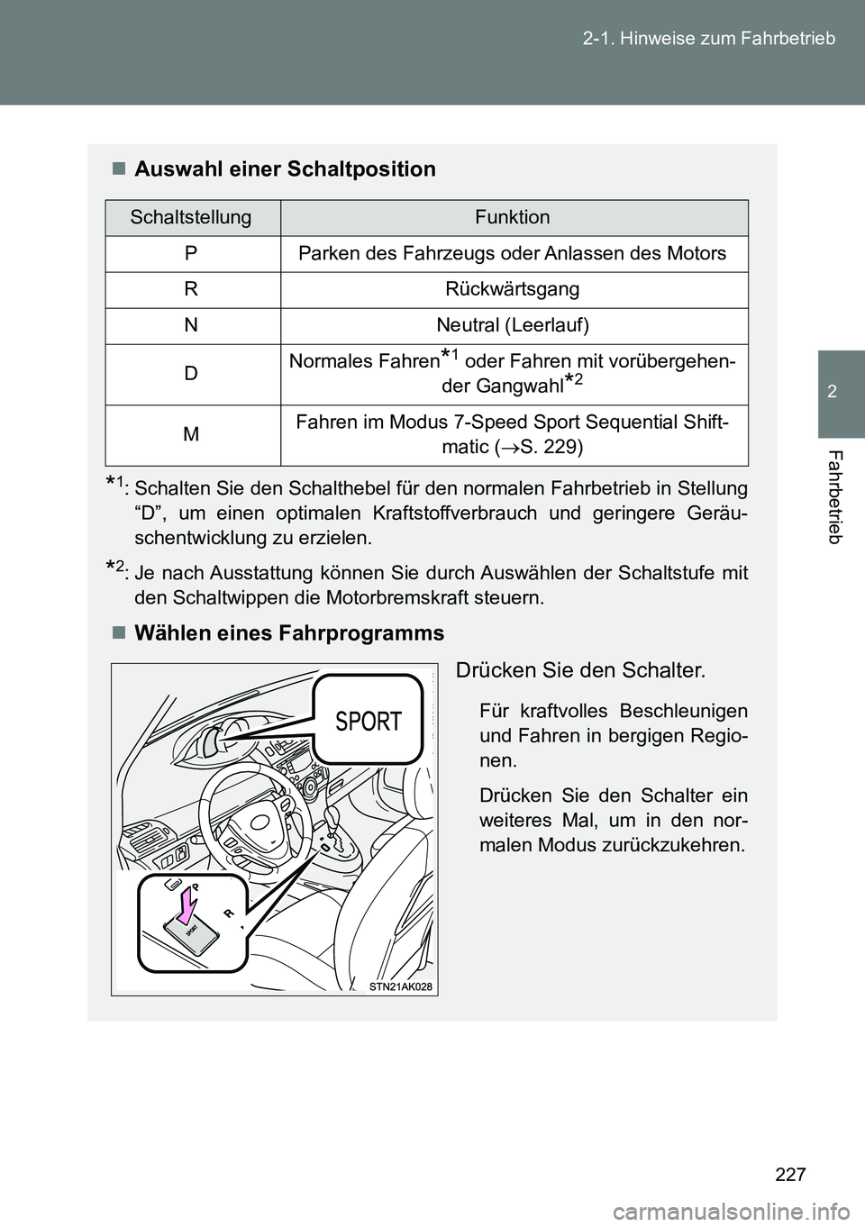 TOYOTA VERSO 2014  Betriebsanleitungen (in German) 227 2-1. Hinweise zum Fahrbetrieb
2
Fahrbetrieb
Auswahl einer Schaltposition
*1: Schalten Sie den Schalthebel für den normalen Fahrbetrieb in Stellung
“D”, um einen optimalen Kraftstoffverbrau