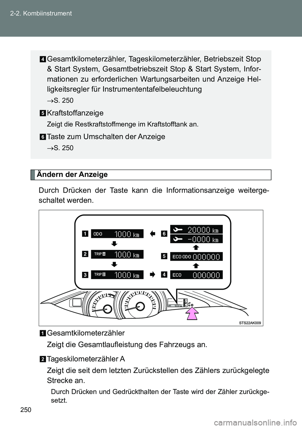 TOYOTA VERSO 2014  Betriebsanleitungen (in German) 250 2-2. Kombiinstrument
Ändern der Anzeige
Durch Drücken der Taste kann die Informationsanzeige weiterge-
schaltet werden.
Gesamtkilometerzähler
Zeigt die Gesamtlaufleistung des Fahrzeugs an.
Tage