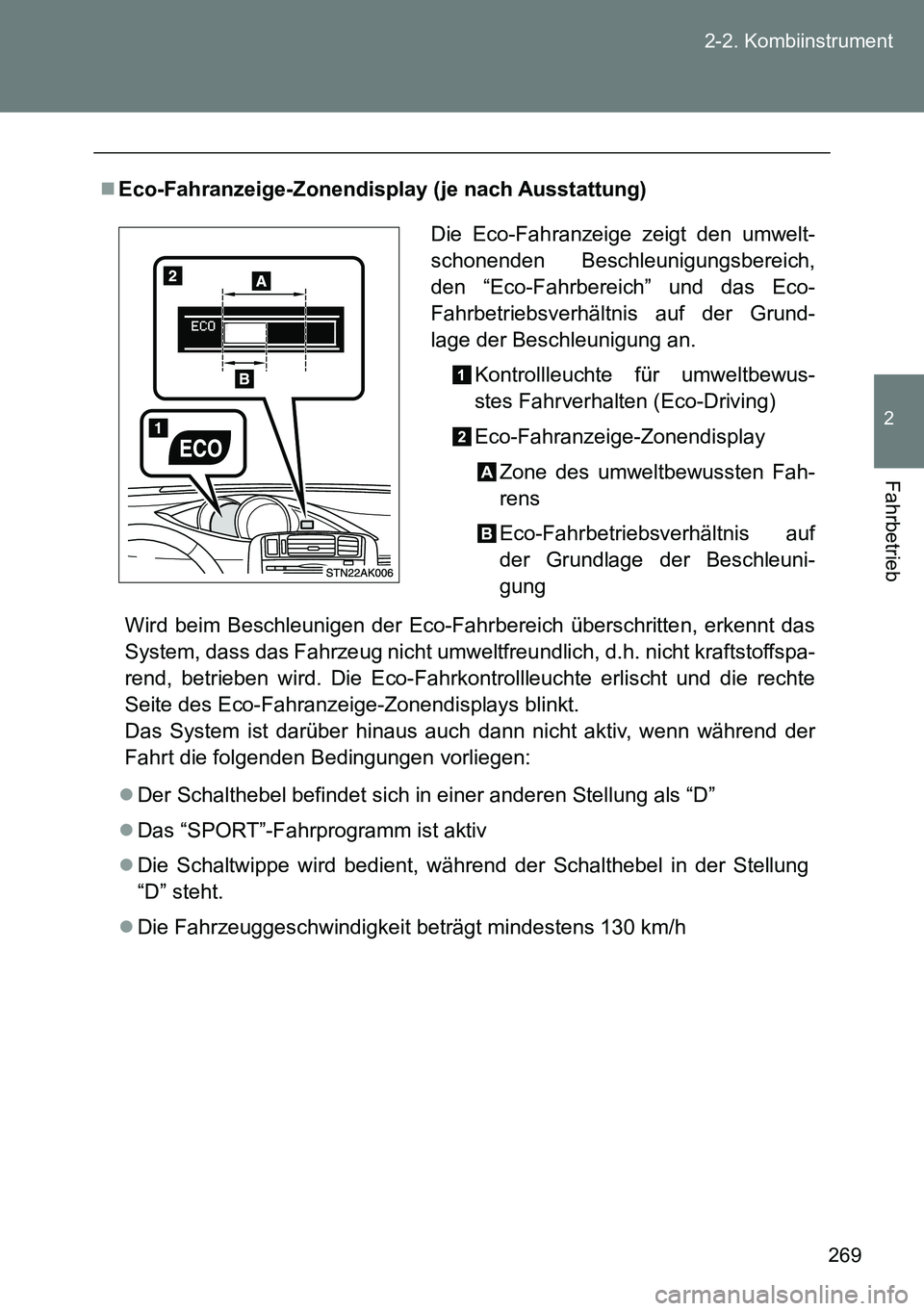 TOYOTA VERSO 2014 Betriebsanleitungen (in German) 269 2-2. Kombiinstrument
2
Fahrbetrieb
Eco-Fahranzeige-Zonendisplay (je nach Ausstattung)
Wird beim Beschleunigen der Eco-Fahrbereich überschritten, erkennt das
System, dass das Fahrzeug nicht umw TOYOTA VERSO 2014 Betriebsanleitungen (in German) 269 2-2. Kombiinstrument
2
Fahrbetrieb
Eco-Fahranzeige-Zonendisplay (je nach Ausstattung)
Wird beim Beschleunigen der Eco-Fahrbereich überschritten, erkennt das
System, dass das Fahrzeug nicht umw