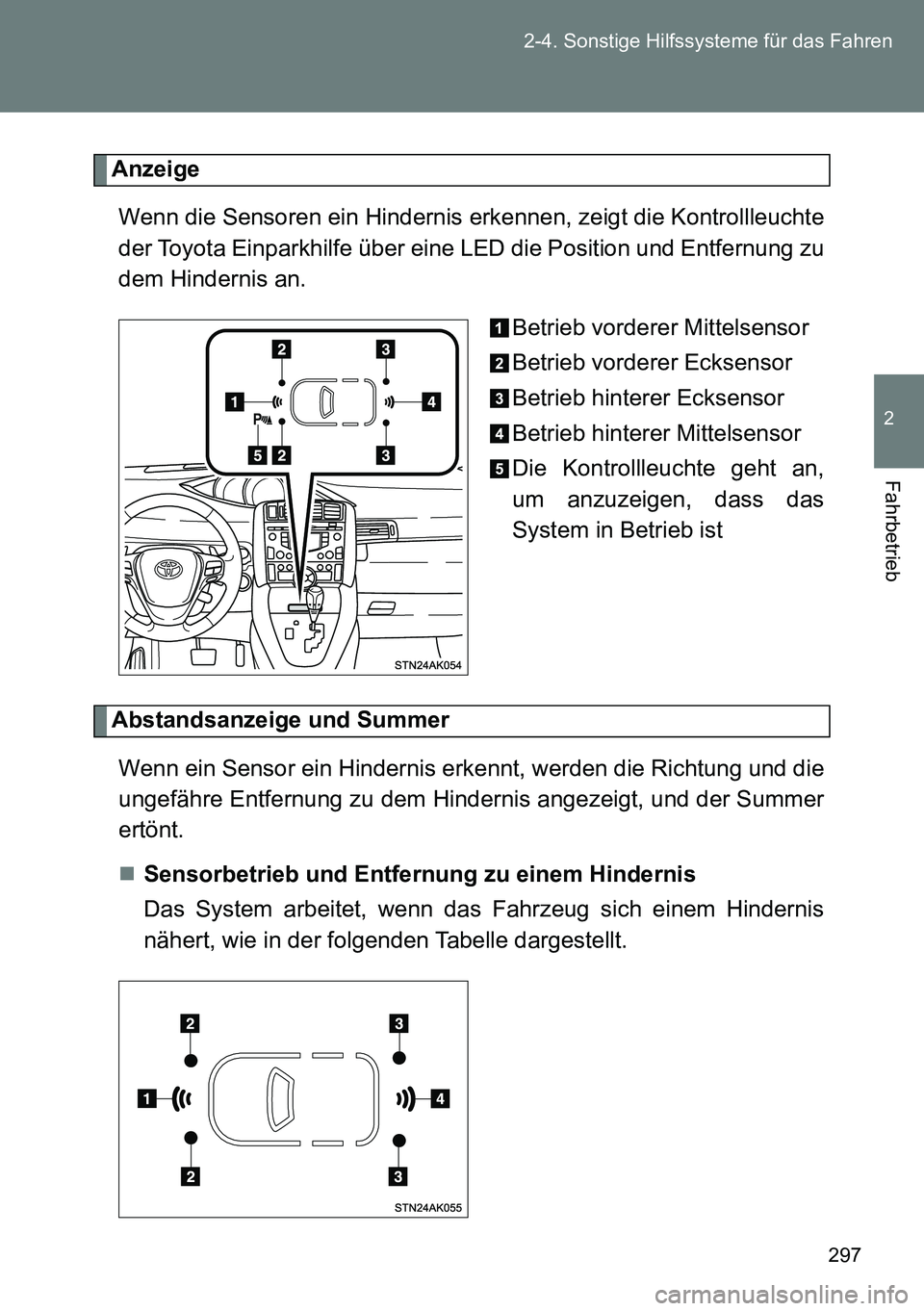 TOYOTA VERSO 2014  Betriebsanleitungen (in German) 297 2-4. Sonstige Hilfssysteme für das Fahren
2
Fahrbetrieb
Anzeige
Wenn die Sensoren ein Hindernis erkennen, zeigt die Kontrollleuchte
der Toyota Einparkhilfe über eine LED die Position und Entfern