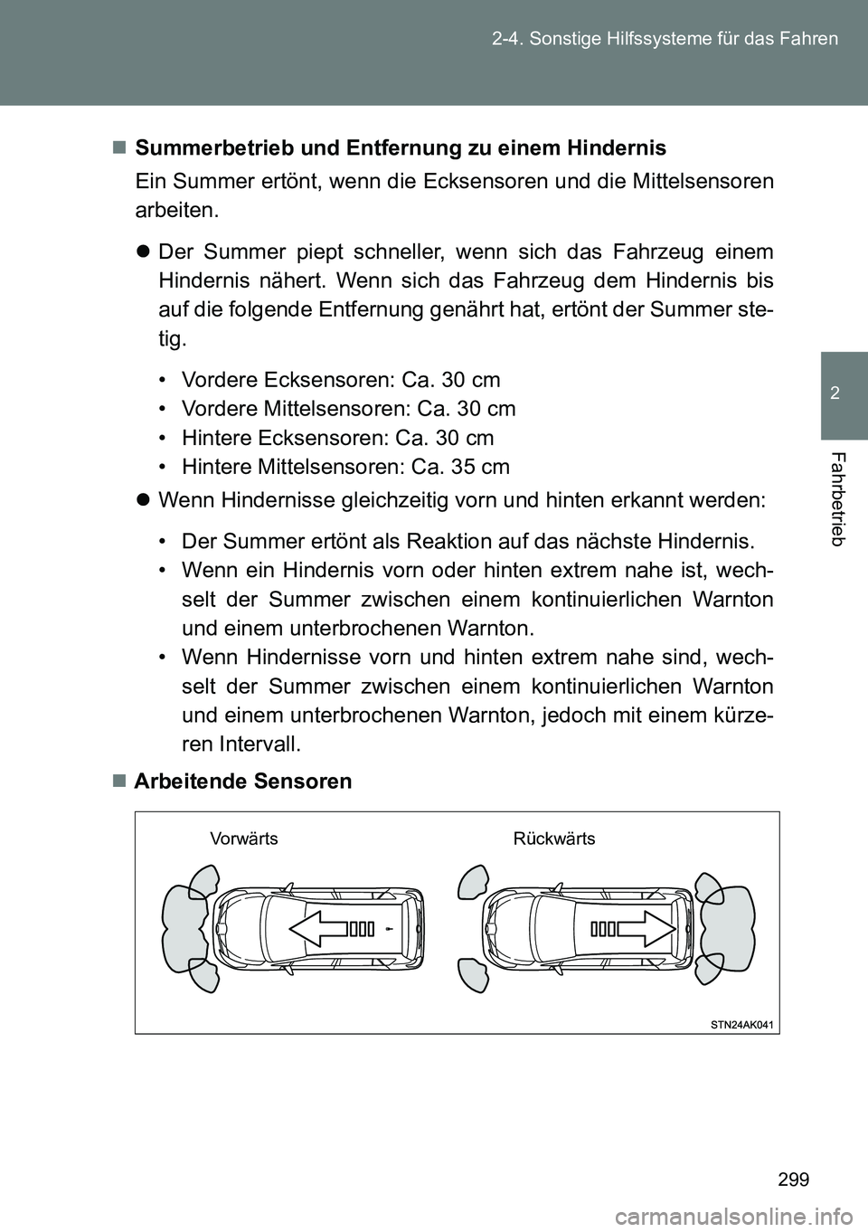 TOYOTA VERSO 2014 Betriebsanleitungen (in German) 299 2-4. Sonstige Hilfssysteme für das Fahren
2
Fahrbetrieb
Summerbetrieb und Entfernung zu einem Hindernis
Ein Summer ertönt, wenn die Ecksensoren und die Mittelsensoren
arbeiten.
Der Summer TOYOTA VERSO 2014 Betriebsanleitungen (in German) 299 2-4. Sonstige Hilfssysteme für das Fahren
2
Fahrbetrieb
Summerbetrieb und Entfernung zu einem Hindernis
Ein Summer ertönt, wenn die Ecksensoren und die Mittelsensoren
arbeiten.
Der Summer
