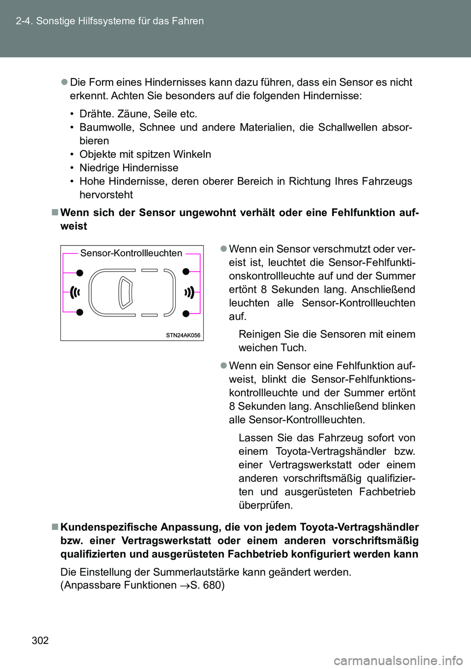 TOYOTA VERSO 2014 Betriebsanleitungen (in German) 302 2-4. Sonstige Hilfssysteme für das Fahren
Die Form eines Hindernisses kann dazu führen, dass ein Sensor es nicht
erkennt. Achten Sie besonders auf die folgenden Hindernisse:
• Drähte. Zäu TOYOTA VERSO 2014 Betriebsanleitungen (in German) 302 2-4. Sonstige Hilfssysteme für das Fahren
Die Form eines Hindernisses kann dazu führen, dass ein Sensor es nicht
erkennt. Achten Sie besonders auf die folgenden Hindernisse:
• Drähte. Zäu