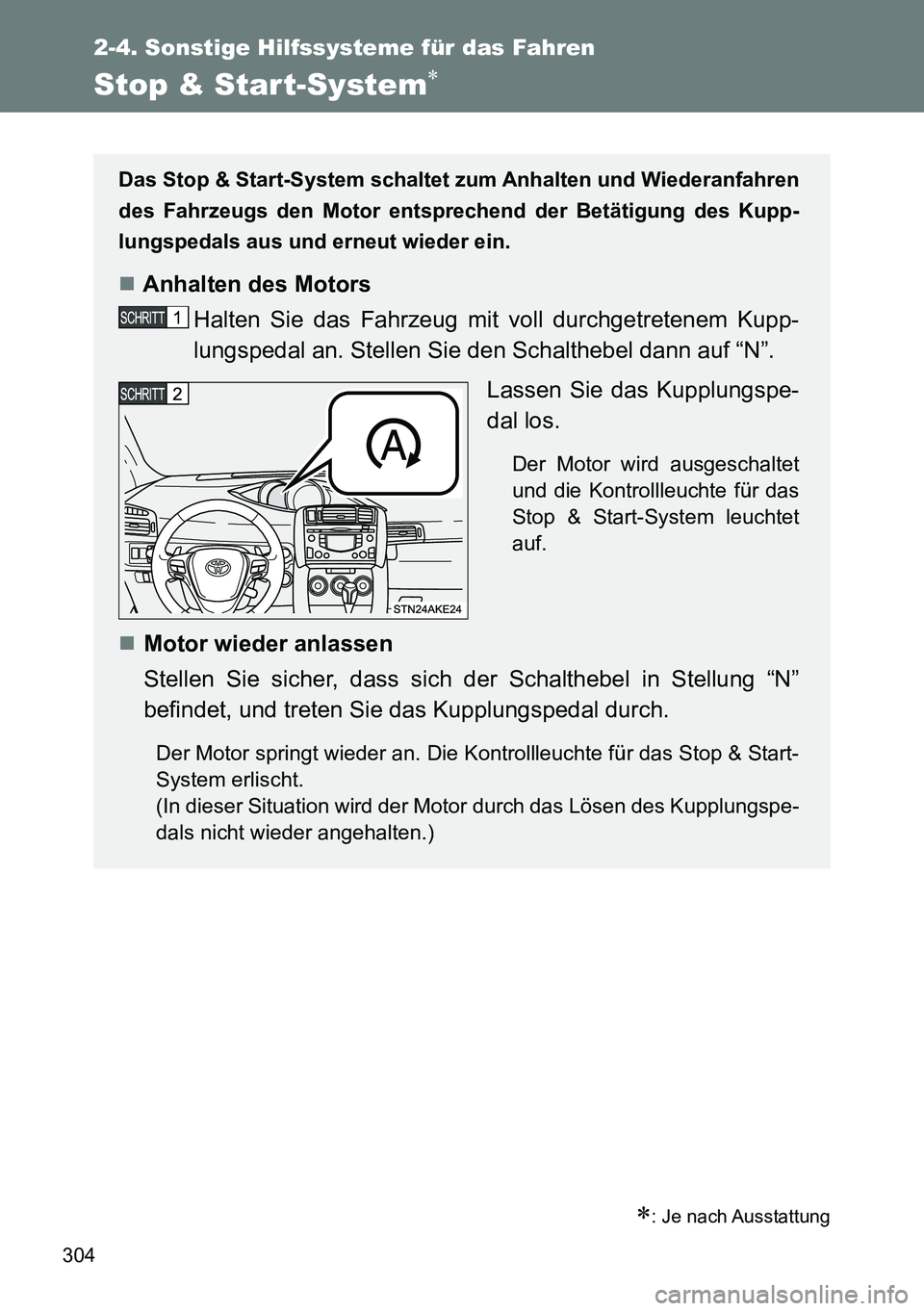 TOYOTA VERSO 2014  Betriebsanleitungen (in German) 304
2-4. Sonstige Hilfssysteme für das Fahren
Stop & Start-System
: Je nach Ausstattung
Das Stop & Start-System schaltet zum Anhalten und Wiederanfahren
des Fahrzeugs den Motor entsprechend der