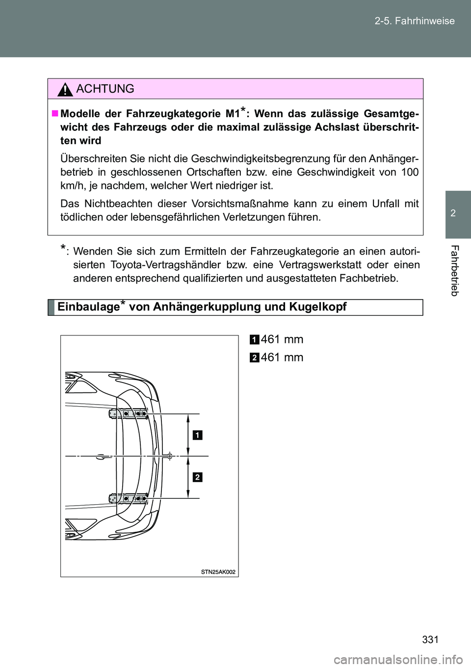 TOYOTA VERSO 2014  Betriebsanleitungen (in German) 331 2-5. Fahrhinweise
2
Fahrbetrieb*: Wenden Sie sich zum Ermitteln der Fahrzeugkategorie an einen autori-
sierten Toyota-Vertragshändler bzw. eine Vertragswerkstatt oder einen
anderen entsprechend q