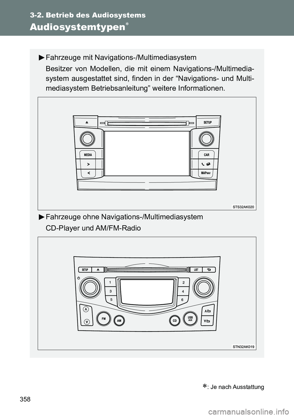 TOYOTA VERSO 2014  Betriebsanleitungen (in German) 358
3-2. Betrieb des Audiosystems
Audiosystemtypen
: Je nach Ausstattung
Fahrzeuge mit Navigations-/Multimediasystem
Besitzer von Modellen, die mit einem Navigations-/Multimedia-
system ausgesta