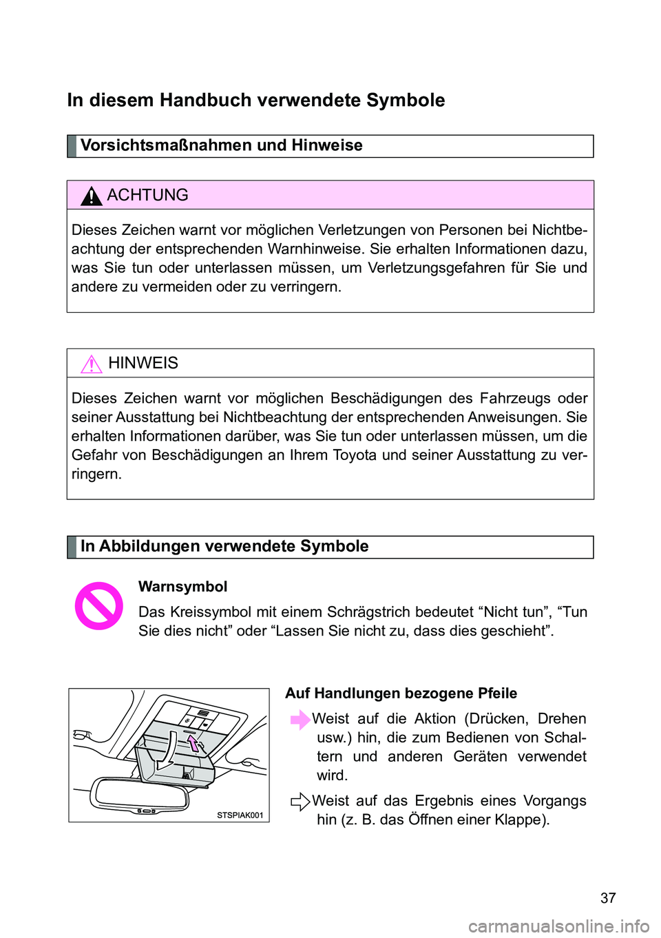 TOYOTA VERSO 2014 Betriebsanleitungen (in German) 37
In diesem Handbuch verwendete Symbole
Vorsichtsmaßnahmen und Hinweise
In Abbildungen verwendete Symbole
ACHTUNG
Dieses Zeichen warnt vor möglichen Verletzungen von Personen bei Nichtbe-
achtung TOYOTA VERSO 2014 Betriebsanleitungen (in German) 37
In diesem Handbuch verwendete Symbole
Vorsichtsmaßnahmen und Hinweise
In Abbildungen verwendete Symbole
ACHTUNG
Dieses Zeichen warnt vor möglichen Verletzungen von Personen bei Nichtbe-
achtung