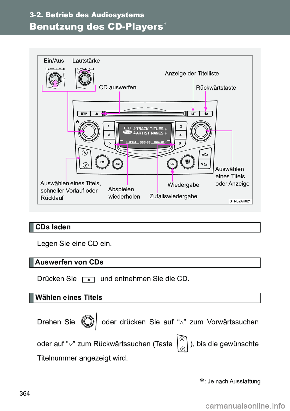 TOYOTA VERSO 2014  Betriebsanleitungen (in German) 364
3-2. Betrieb des Audiosystems
Benutzung des CD-Players
CDs laden
Legen Sie eine CD ein.
Auswerfen von CDs
Drücken Sie   und entnehmen Sie die CD.
Wählen eines Titels
Drehen Sie   oder drücke