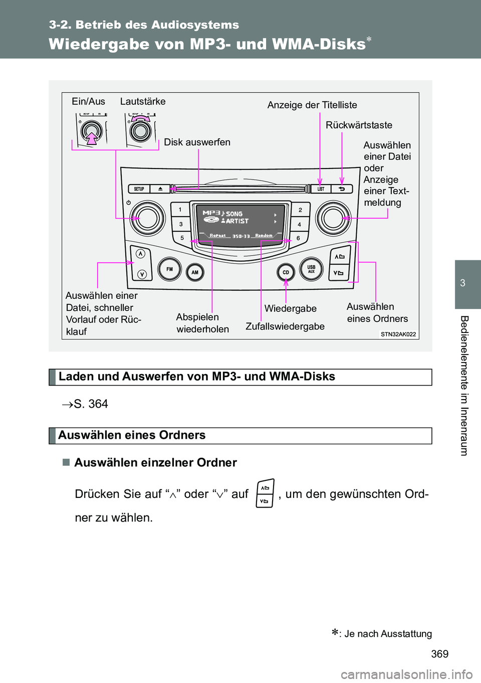 TOYOTA VERSO 2014  Betriebsanleitungen (in German) 369
3-2. Betrieb des Audiosystems
3
Bedienelemente im Innenraum
Wiedergabe von MP3- und WMA-Disks
Laden und Auswerfen von MP3- und WMA-Disks
S. 364
Auswählen eines Ordners
Auswählen einzeln